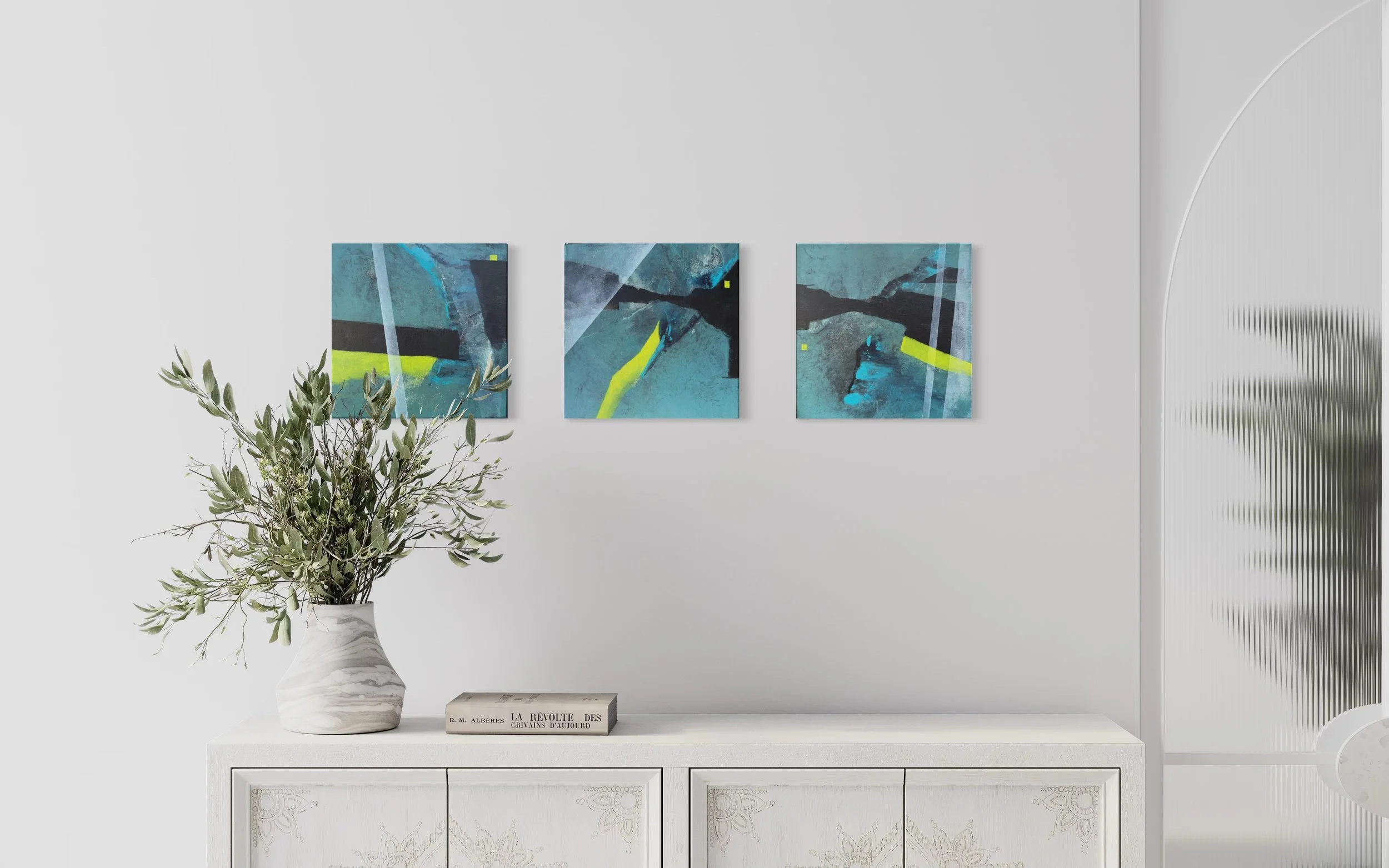 Under_Ice.jpeg abstract turquoise and cool blues.  A trio of 3 12x12 inch cotton canvas Original art work for sale