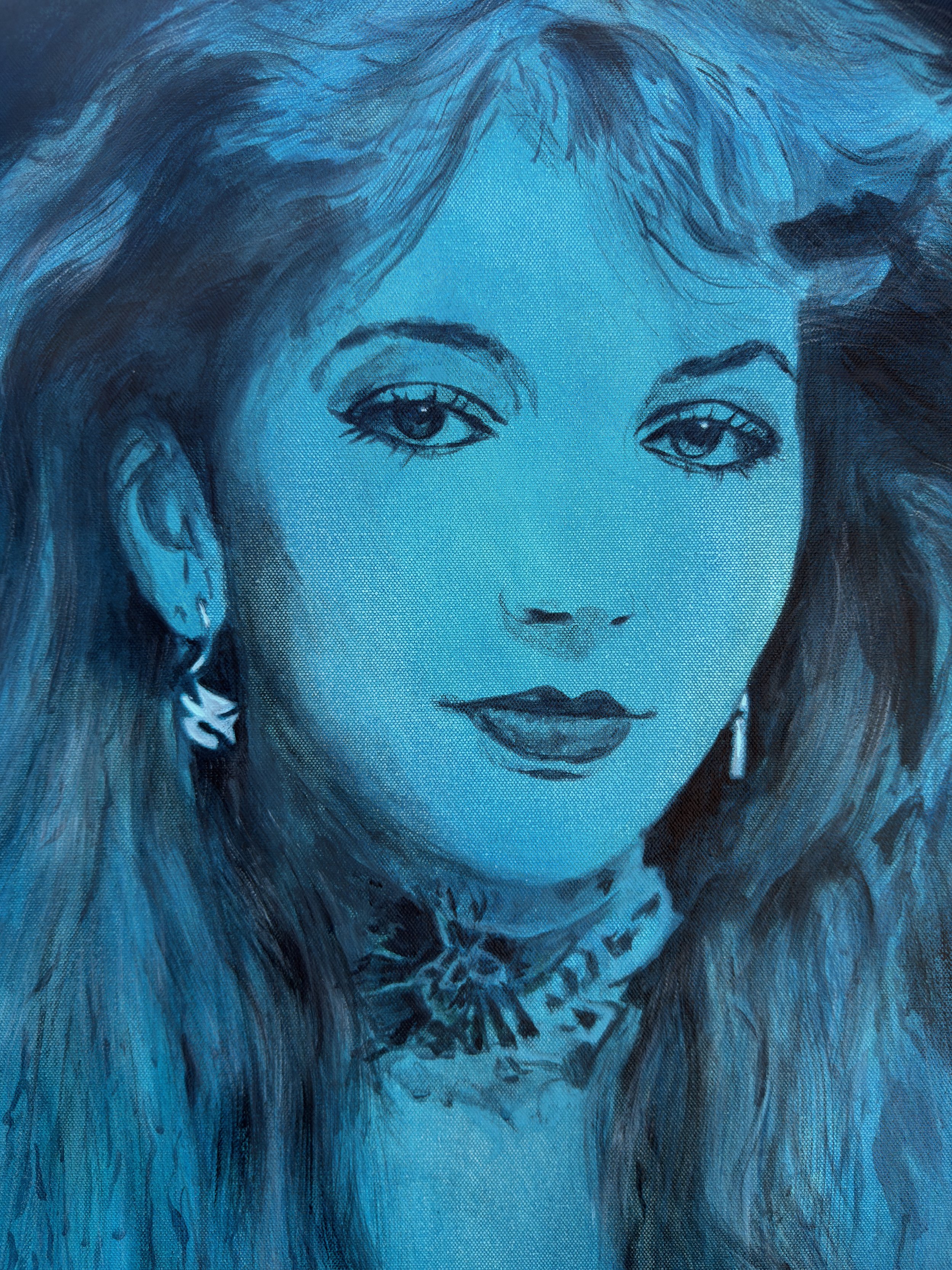 Kate_Bush_1.jpeg the running up that hill singer Kate Bush on cotton canvas in blue and turquoise hues. Perfect for celebrity artwork collectors.