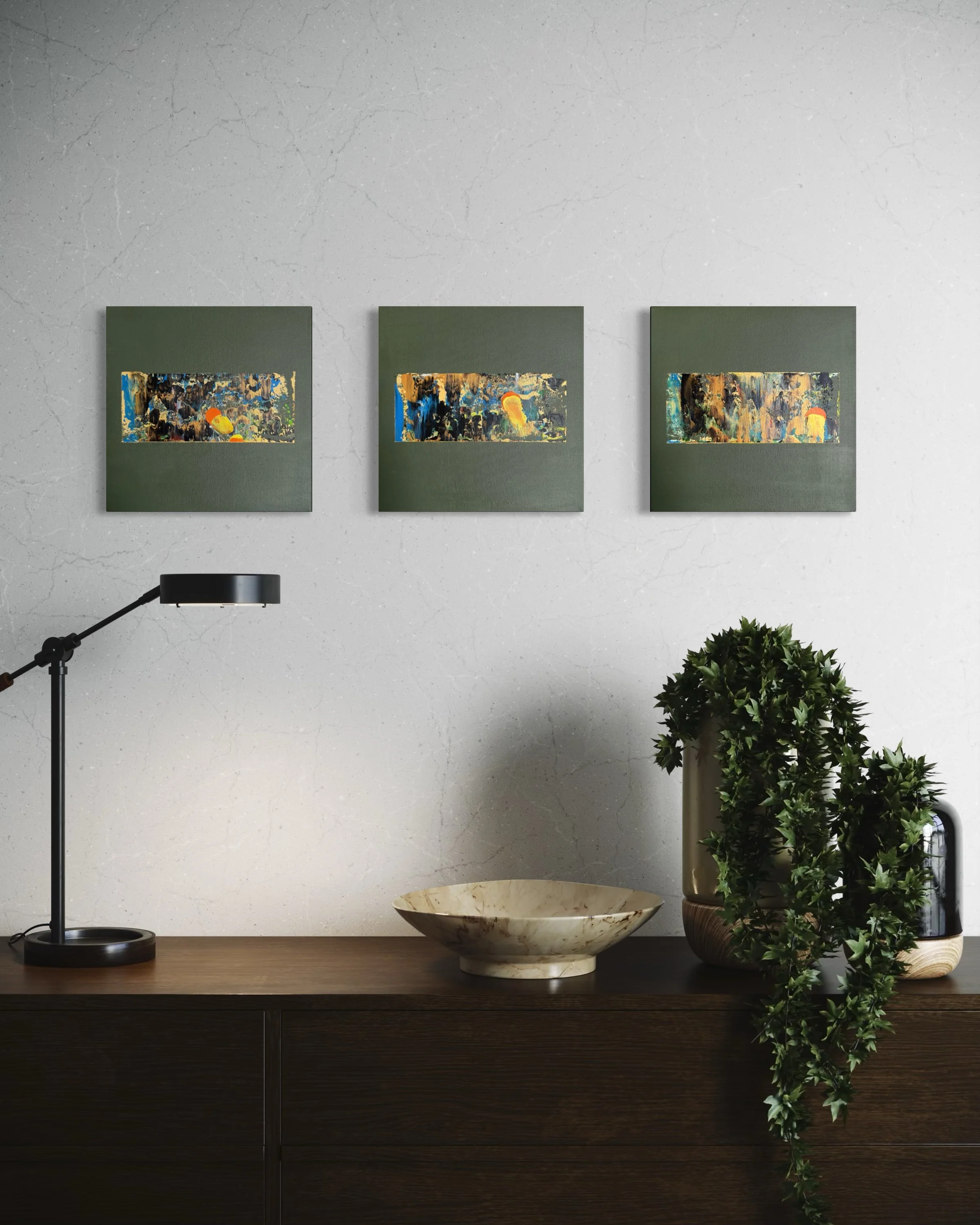 chaos_13.JPG Chaos : Trio of 12x12 inch with a 19mm depth unframed abstract cotton canvases . Earthy colours with a chaotic colourful middle scene