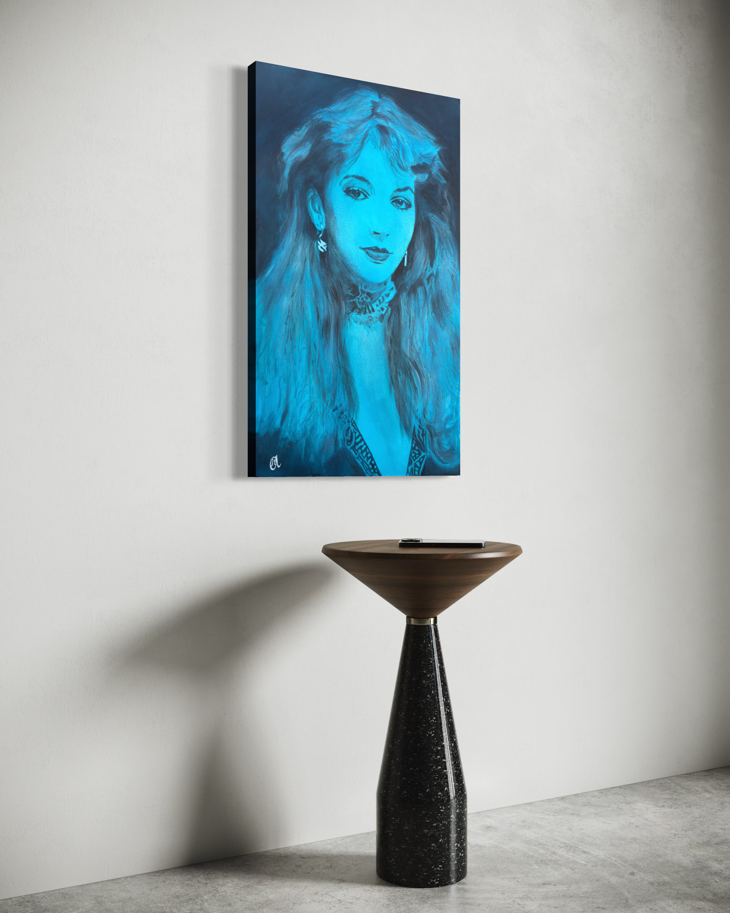 Kate_Bush_3.png Cotton acrylic in layered blue and turquoise tones—32 x 19 inches on a 38mm deep cotton canvas—celebrates the iconic musical genius of “Running Up That Hill’  Kate Bush
