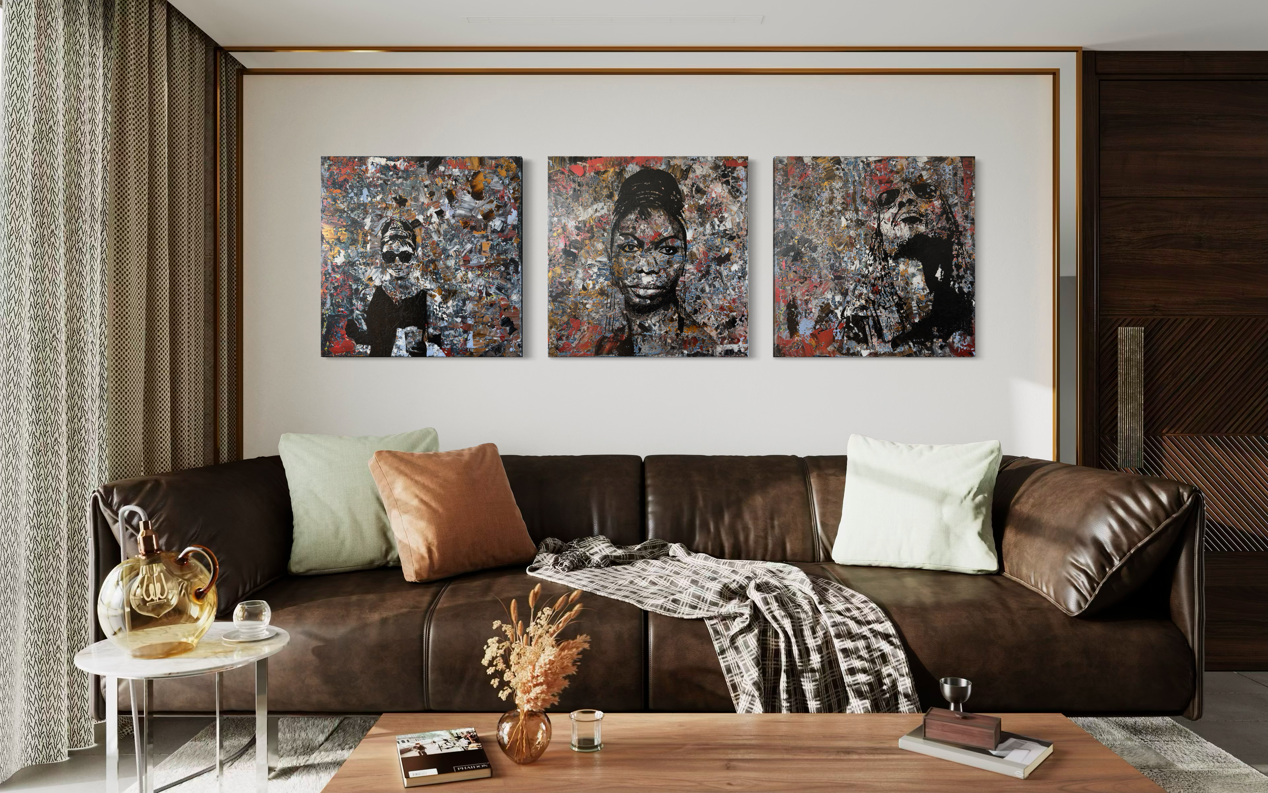 Acrylic canvas artworks . three colourful  abstract portraits on the wall featuring depictions of  Stevie Wonder  Nina Simone  Audrey Hepburn .