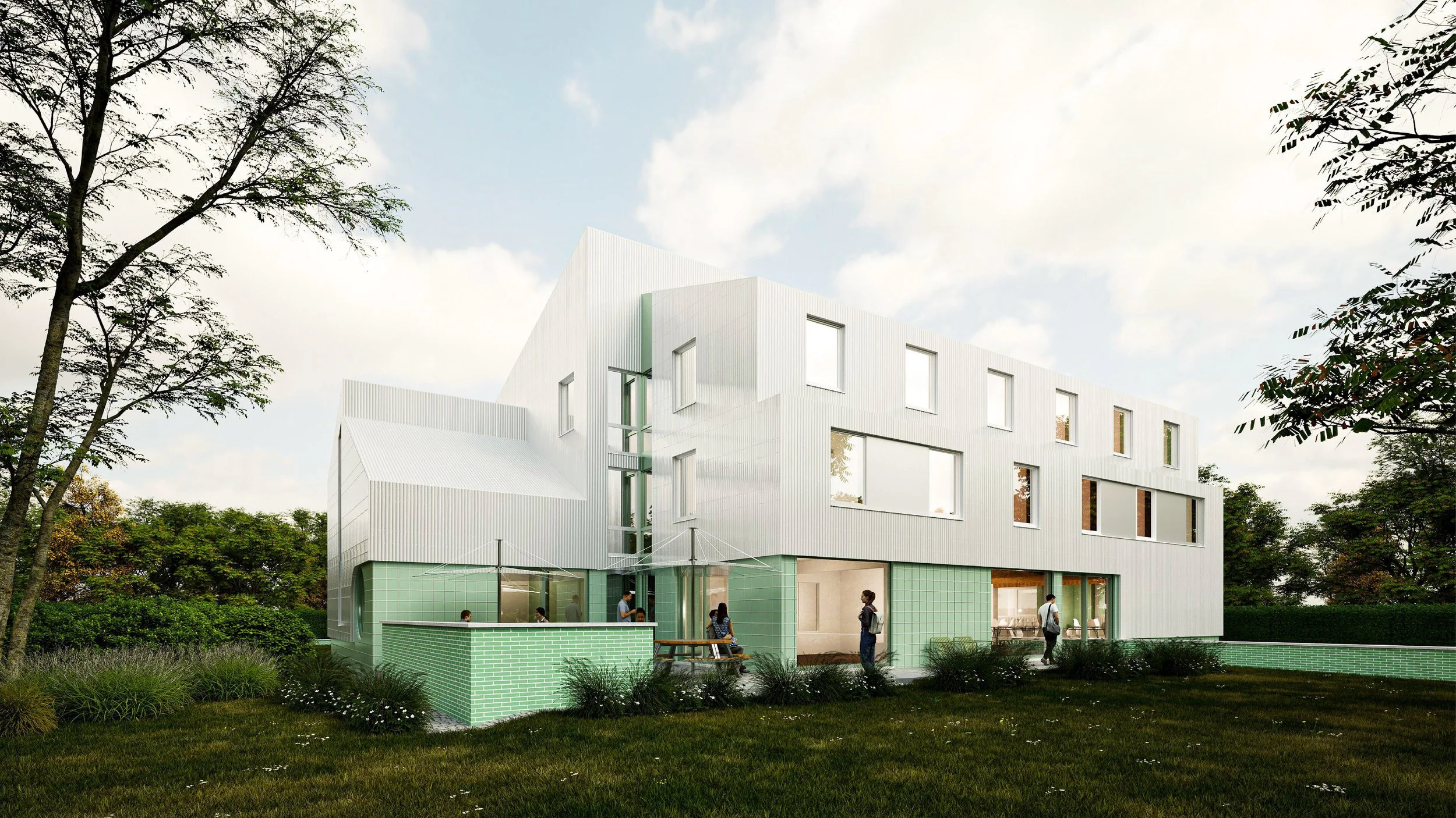 Moderne KOT CONNECT wit gebouw met grote ramen, omringd door bomen en groen gras, met mensen eromheen, onder een partly bewolkte hemel.