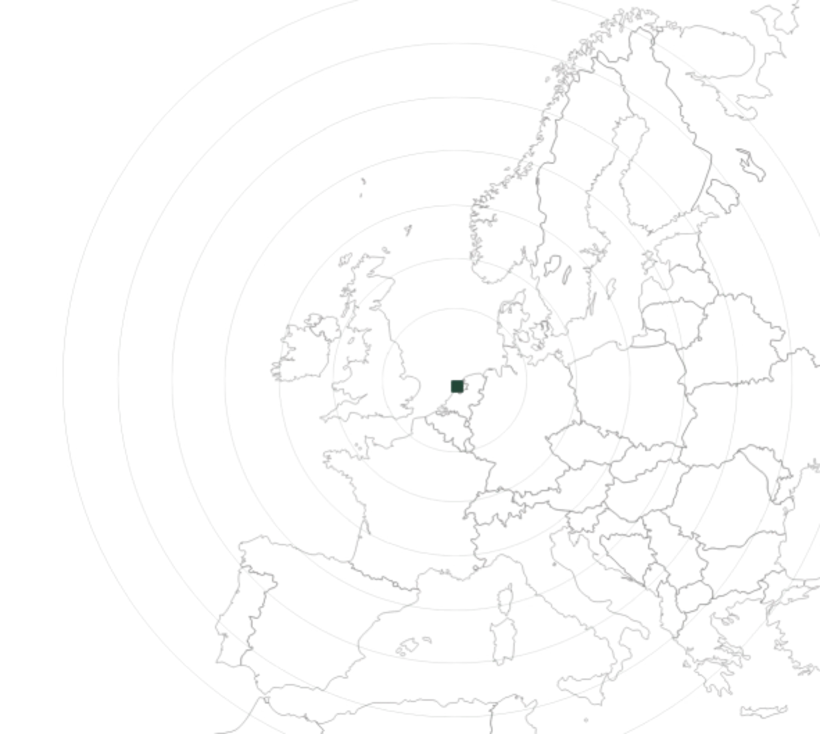 A map of Europe showing country borders and the surrounding Atlantic Ocean, with a radar grid overlay in black and green.