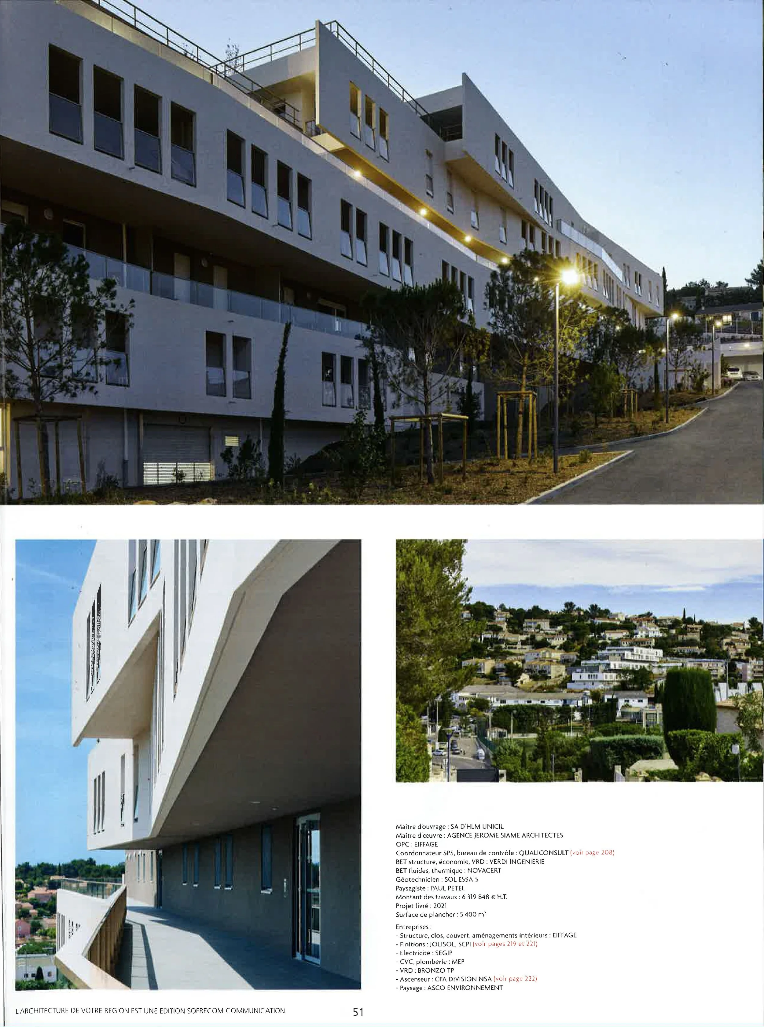 Collection de trois photos d'un bâtiment moderne avec façade blanche et fenêtres, vue de jour et de nuit, avec une zone résidentielle en arrière-plan.