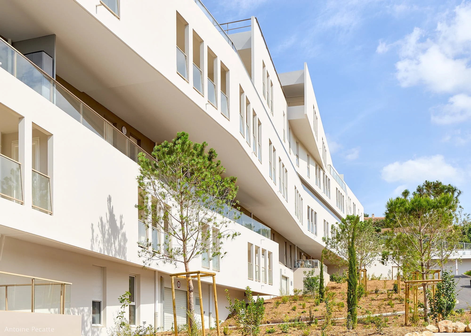 Un bâtiment moderne blanc avec plusieurs balcons en verre, entouré d'arbres jeunes et de végétation, sous un ciel bleu avec quelques nuages.