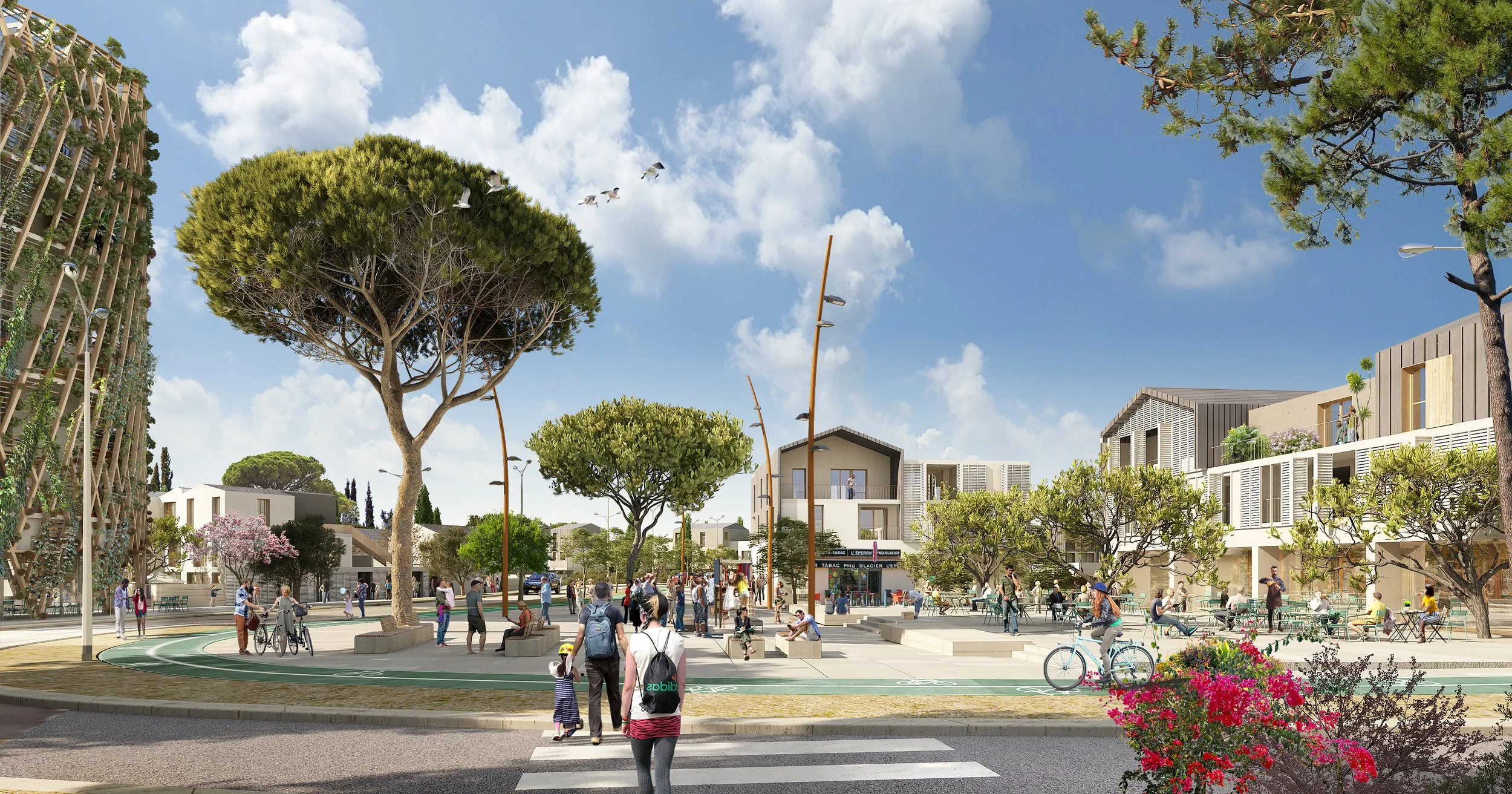 Un parc urbain avec des arbres, des bancs, des personnes marchant, faisant du vélo, et se détendant sous le soleil, avec des bâtiments résidentiels modernes en arrière-plan et un ciel bleu avec quelques nuages.
