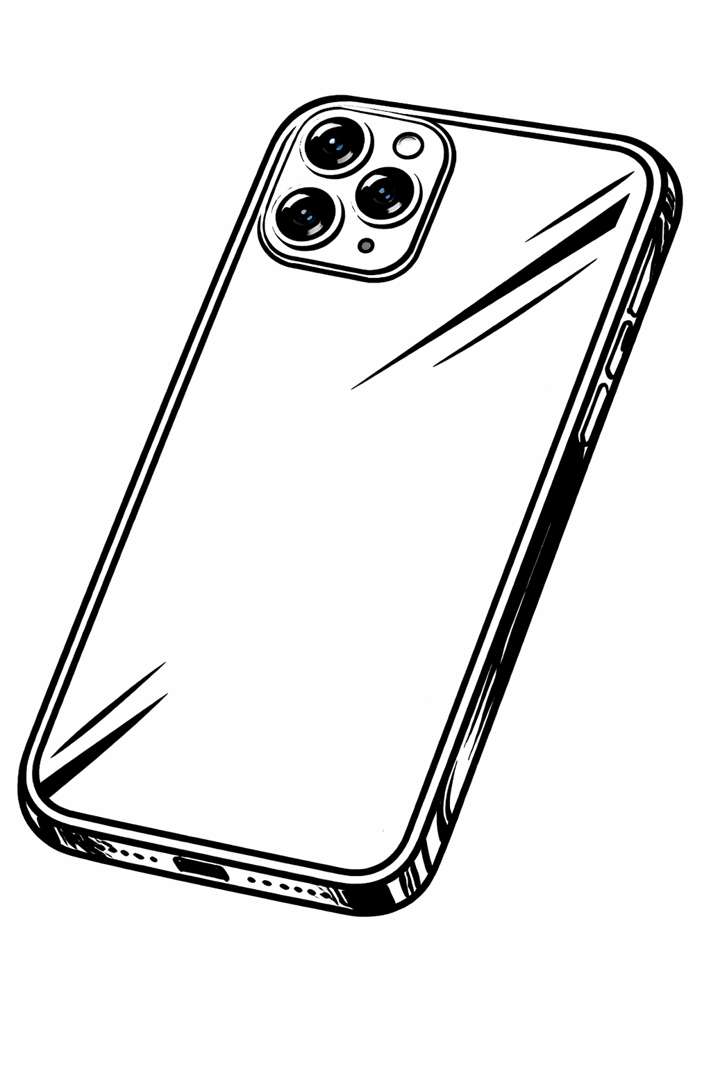 Croquis d'un téléphone portable moderne avec triple caméra à l'arrière.