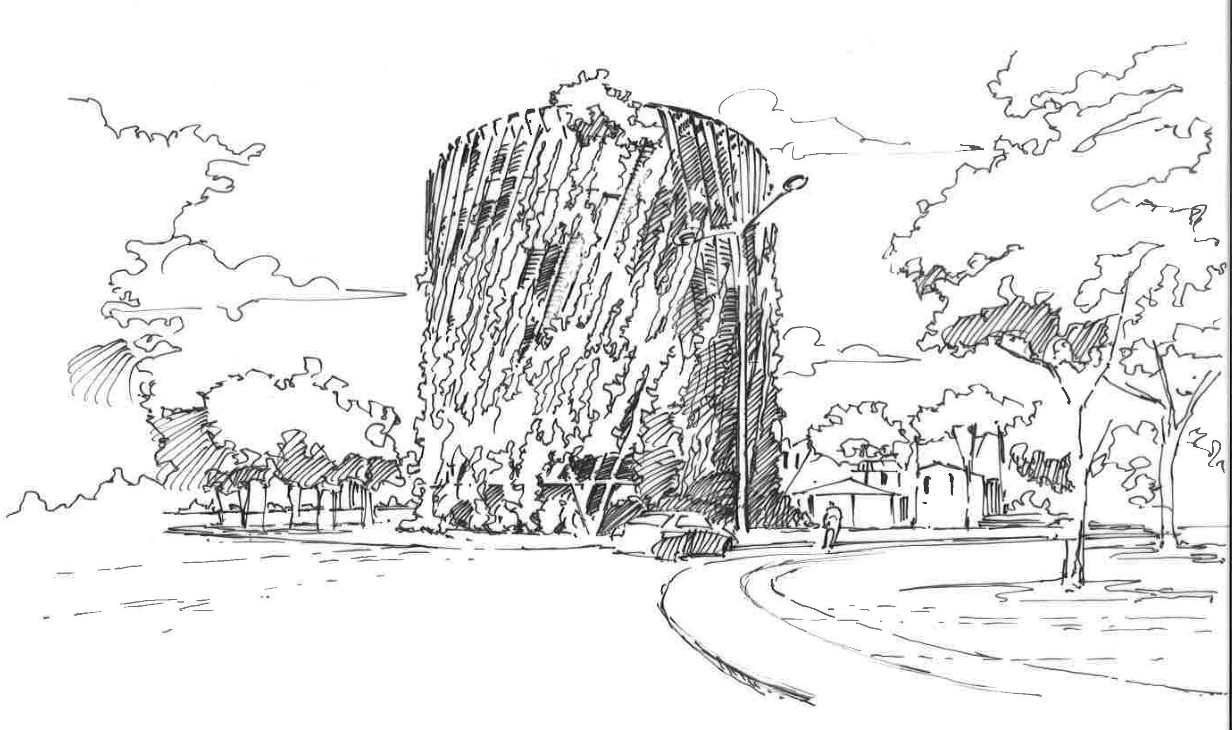 Un dessin au crayon représentant un bâtiment moderne entouré d'arbres avec un chemin sinueux en première plan.