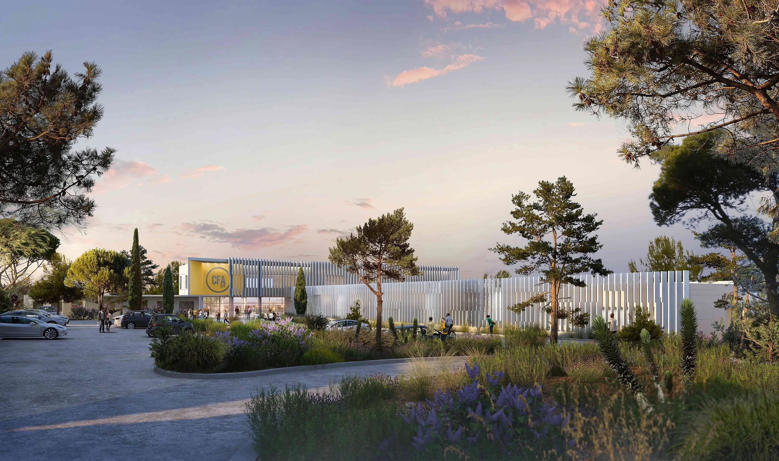 Une illustration d'un bâtiment moderne avec un panneau jaune portant les lettres 'CFA' et 'BTX', entouré d'arbres et de plantes, avec plusieurs personnes et voitures dans le parking à proximité.