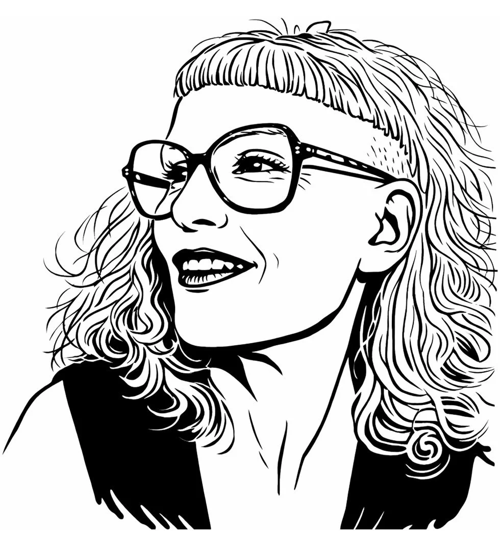 Illustration en noir et blanc d'une femme avec des lunettes, des cheveux bouclés et une expression souriante.