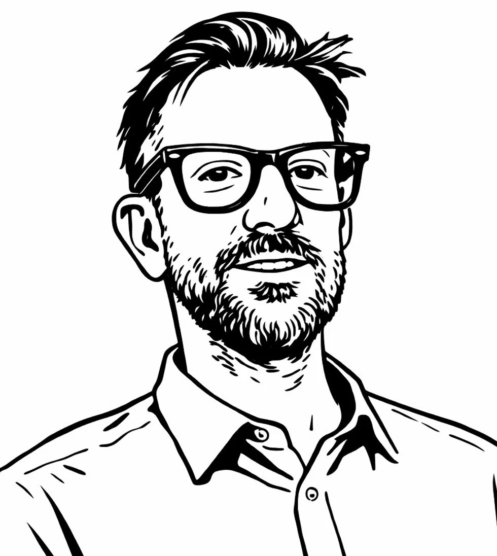 Illustration en noir et blanc d'une homme avec lunettes, barbe, moustache, portant une chemise.