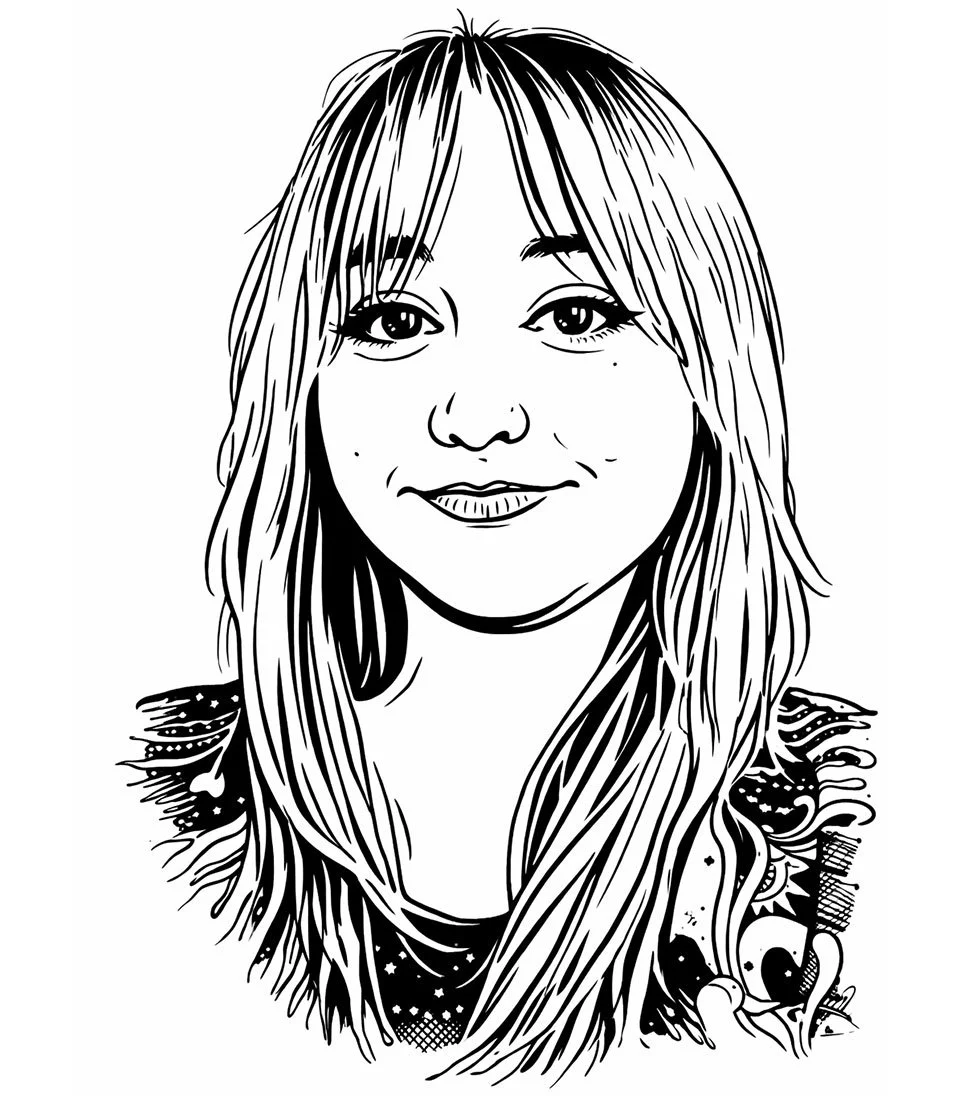 Portrait d'une femme avec de longs cheveux, souriante, dessin en noir et blanc.