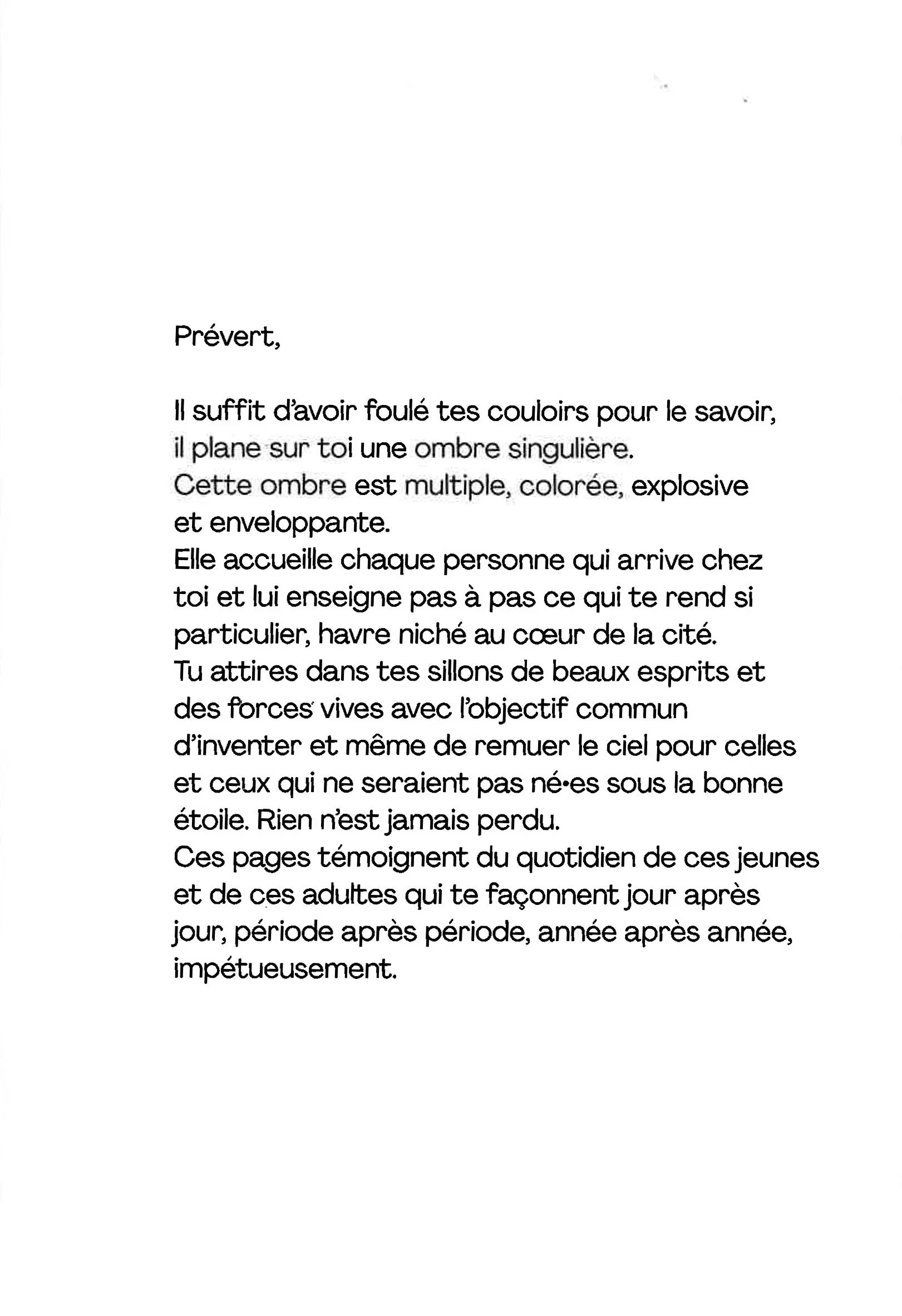 Page de texte en français avec une ode à la persévérance et à l'espoir, évoquant une ombre singulière, des forces vives, et l'importance de ne rien perdre, témoignant du quotidien des jeunes et des adultes.