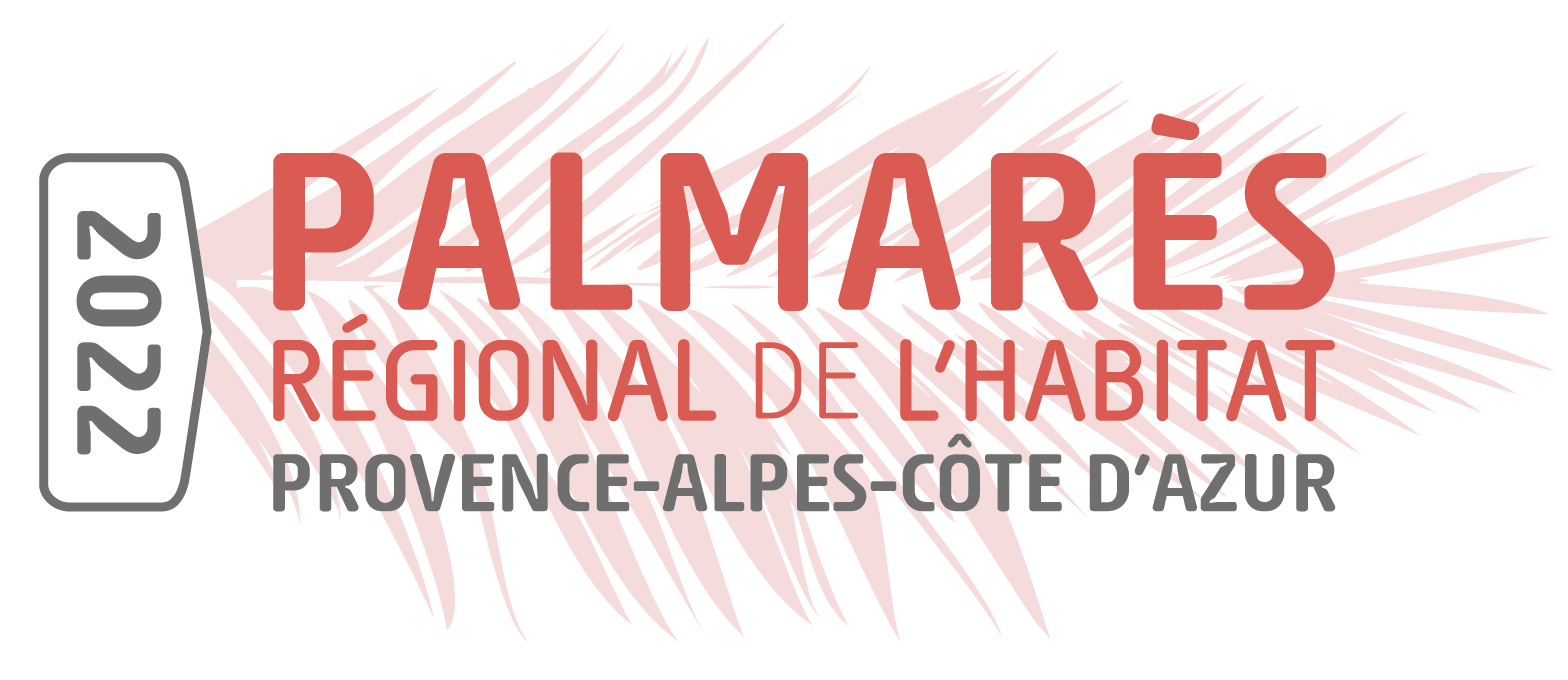 Logo avec arrière-plan de feuilles de palmier, texte indiquant 'Palmarès régional de l'habitat Provence-Alpes-Côte d'Azur 2022'.