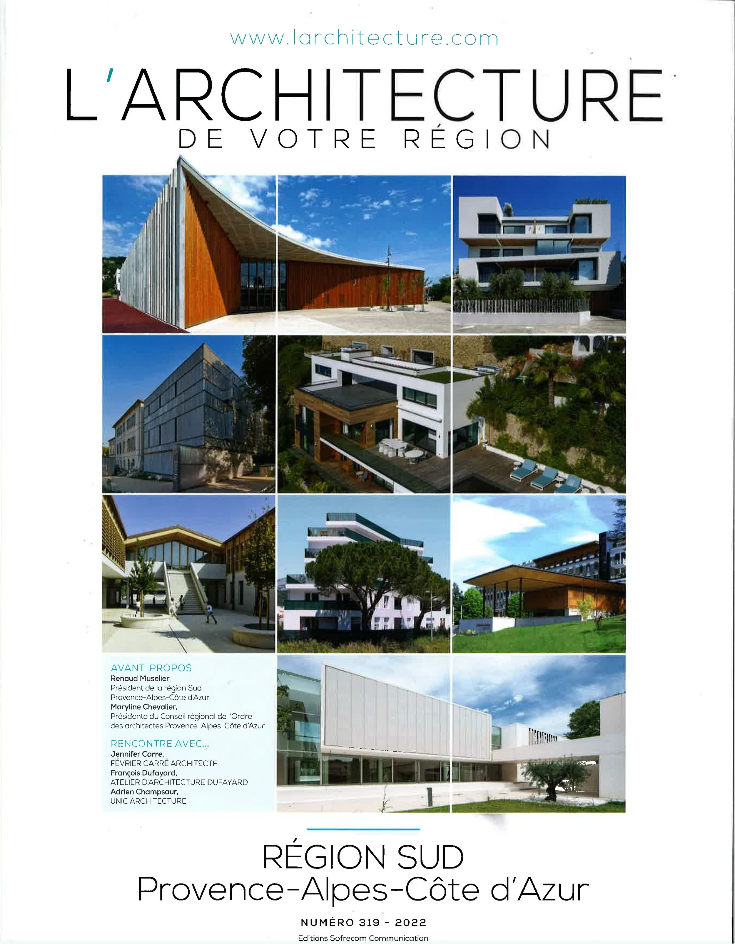 Couverture d'une publication sur l'architecture dans la région Provence-Alpes-Côte d'Azur, avec plusieurs photos de bâtiments modernes, et intitulée 'L'architecture de votre région'.