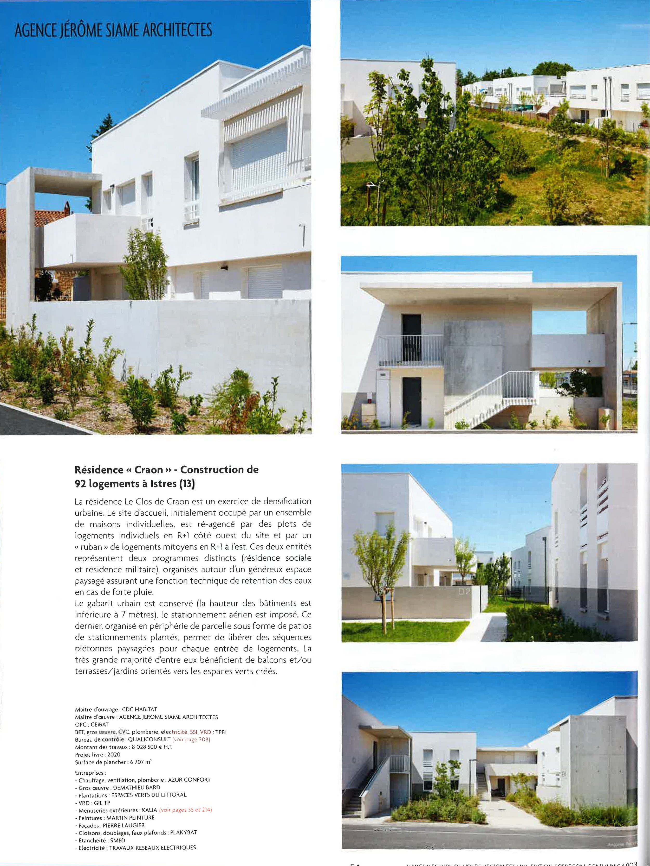 Photographies d'une résidence moderne blanche avec divers bâtiments et espaces verts, conçue par l'agence Jérôme Siame Architectes, située à Istres.