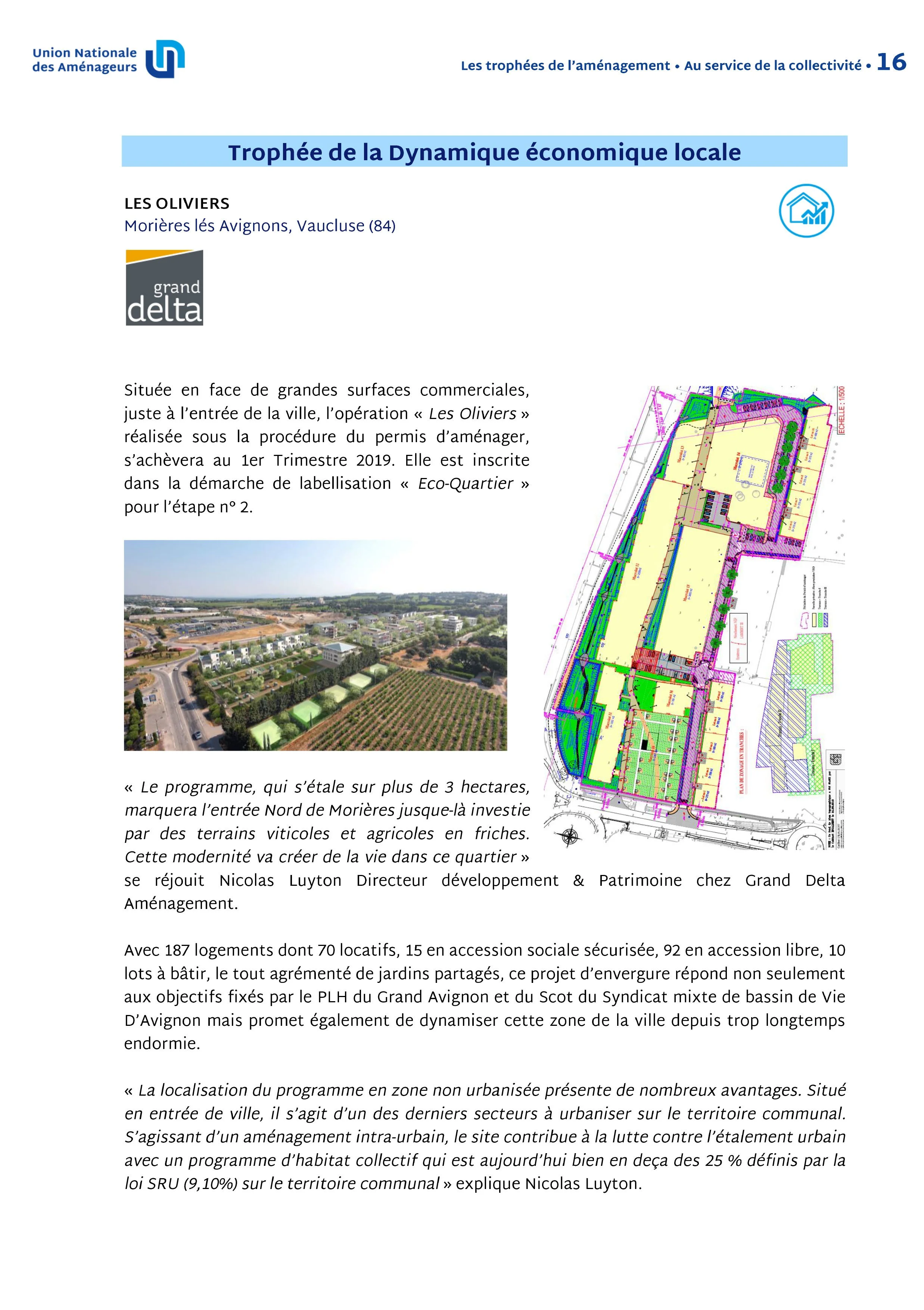 Page d'un rapport ou d'une brochure avec texte en français et un plan architectural d'un projet immobilier à Morieres-lès-Avignon, Vaucluse.