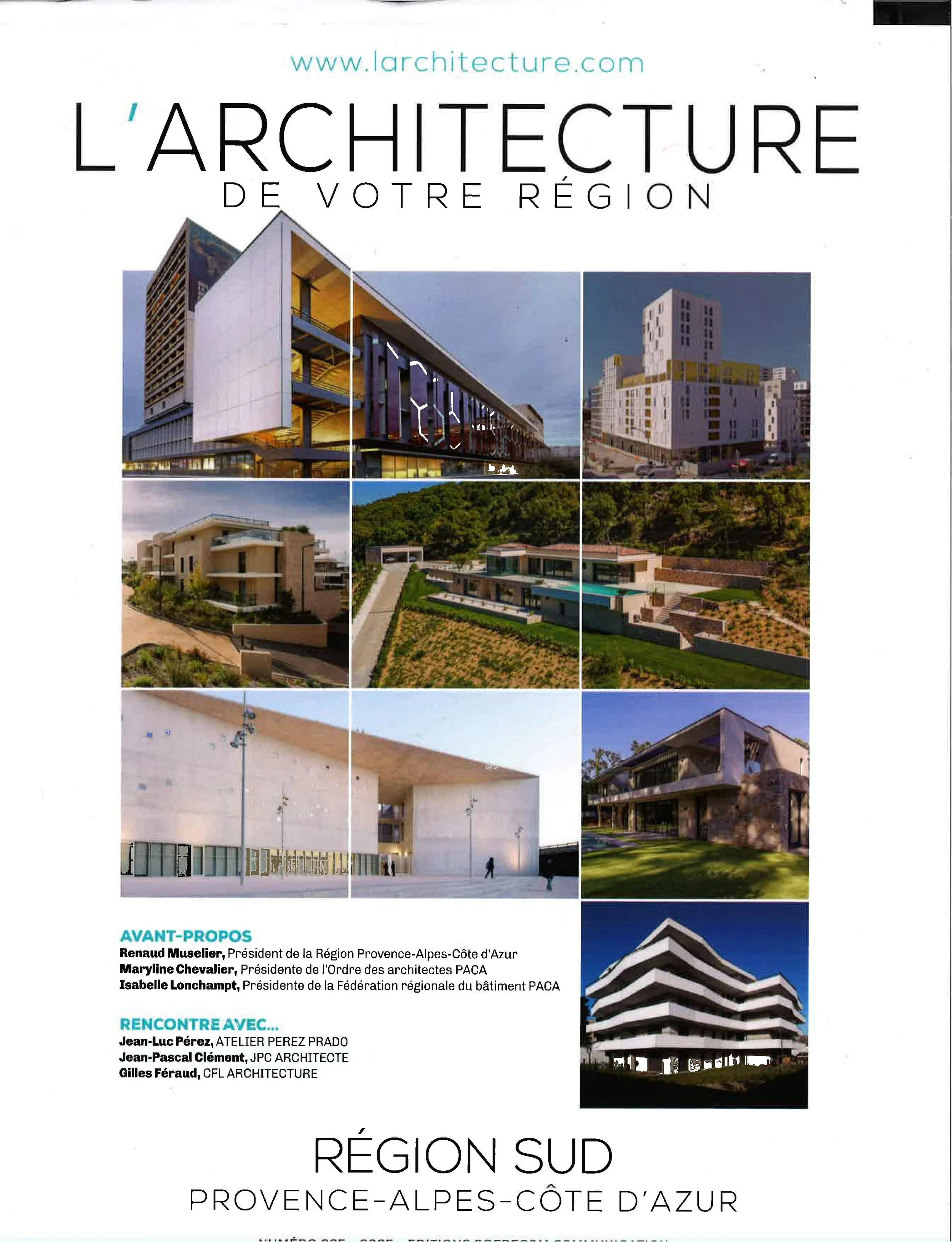 Flyer en français présentant une revue d'architecture de la région Provence-Alpes-Côte d'Azur, avec plusieurs images de bâtiments modernes et contemporains, et des textes concernant des architectes et des figures importantes du domaine.