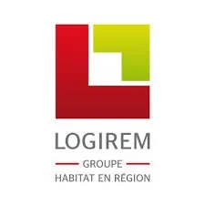 Logo de Logirem, groupe Habitat en Région, avec des formes géométriques rouges et vertes