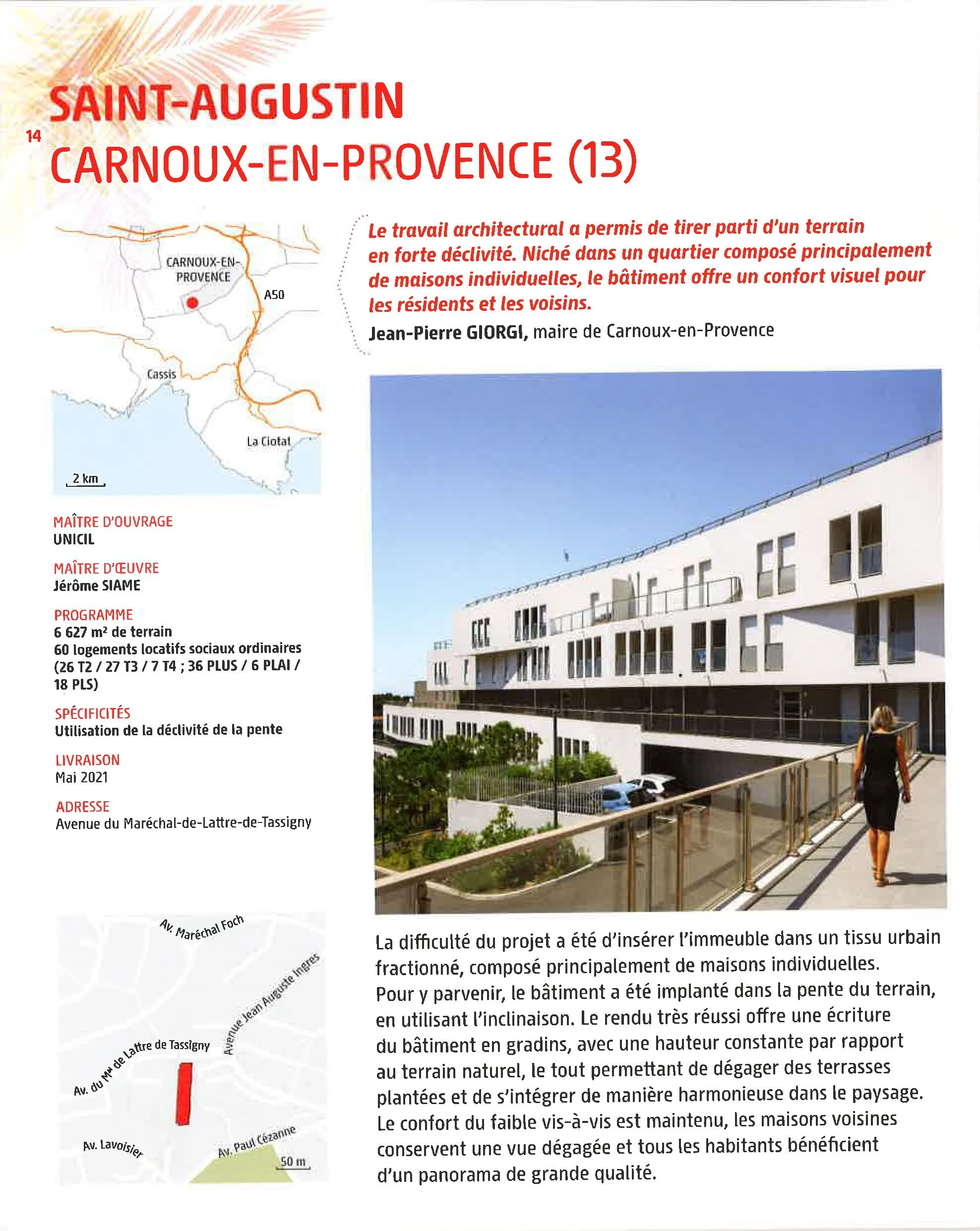 Plaque d'informations sur le projet immobilier à Saint-Augustin, Carnoux-en-Provence, avec une photo d'un bâtiment moderne et une carte du site.
