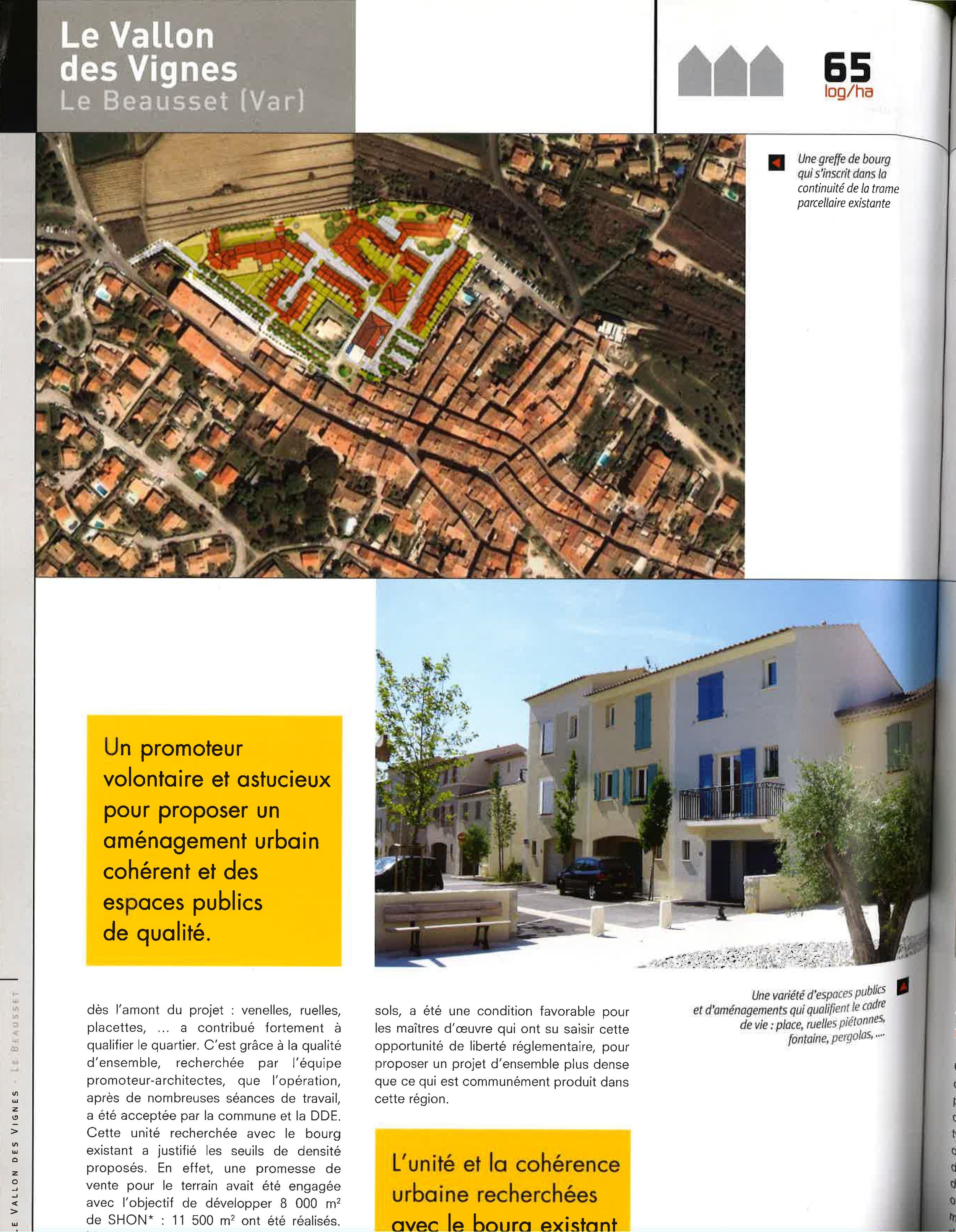 Carte aérienne du Vallon des Vignes à Le Beausset avec un plan de lotissement coloré en haut et une photo de bâtiments résidentiels modernes en bas.