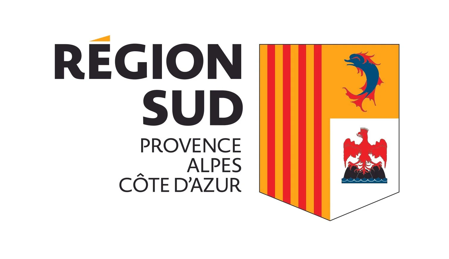 Logo indiquant la région Sud Provence Alpes Côte d'Azur, avec un écusson orné d'un dragon bleu et rouge et un autre d'aigle rouge, sur fond blanc.