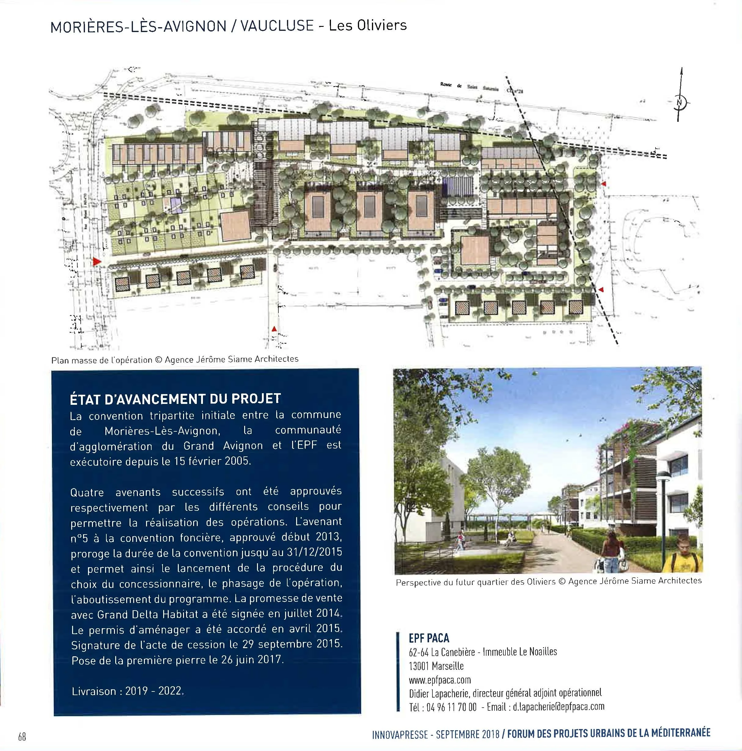 Plan d'aménagement urbain d'un projet résidentiel à Morières-lès-Avignon, avec une vue d'ensemble du site, un entourage végétal, et une image de rendu architectural d'un futur quartier avec des bâtiments modernes et des espaces verts.