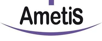 Logo d'Ametis avec le nom en texte noir et une ligne incurvée violette en dessous