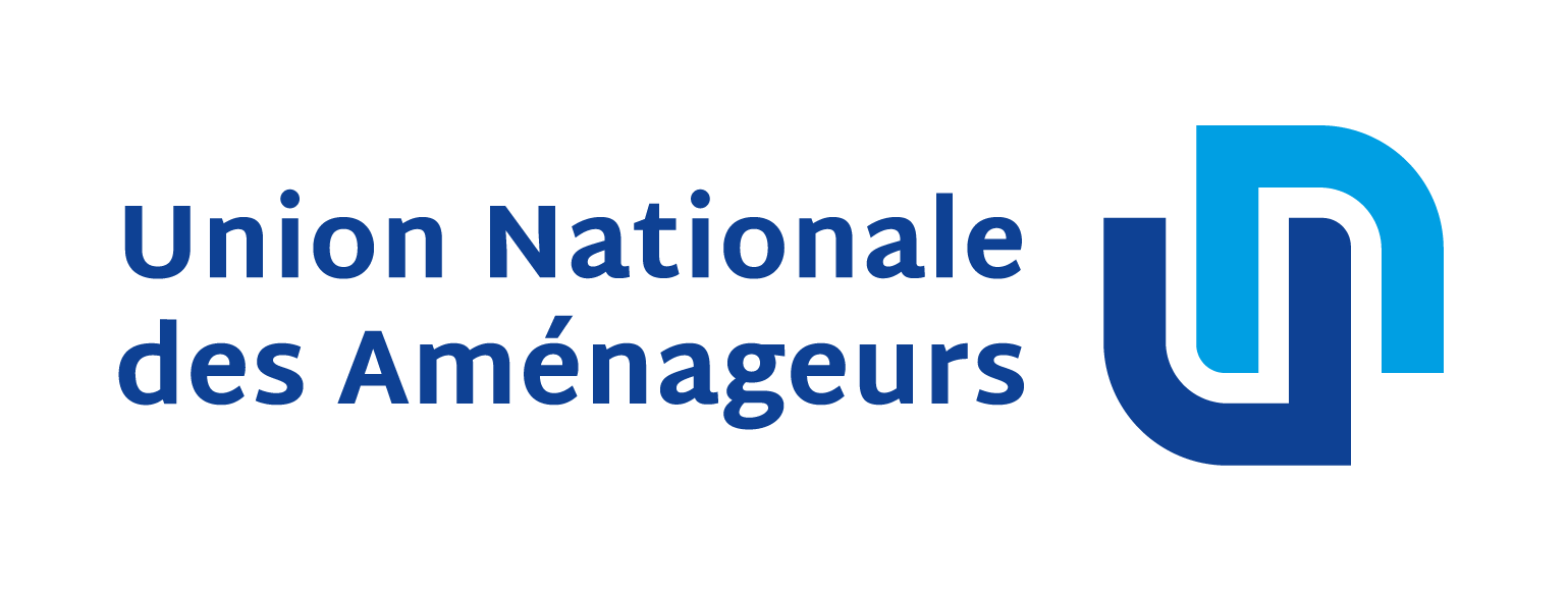 Le logo de l'Union Nationale des Aménageurs avec le nom en bleu et un symbole stylisé en deux tons de bleu.