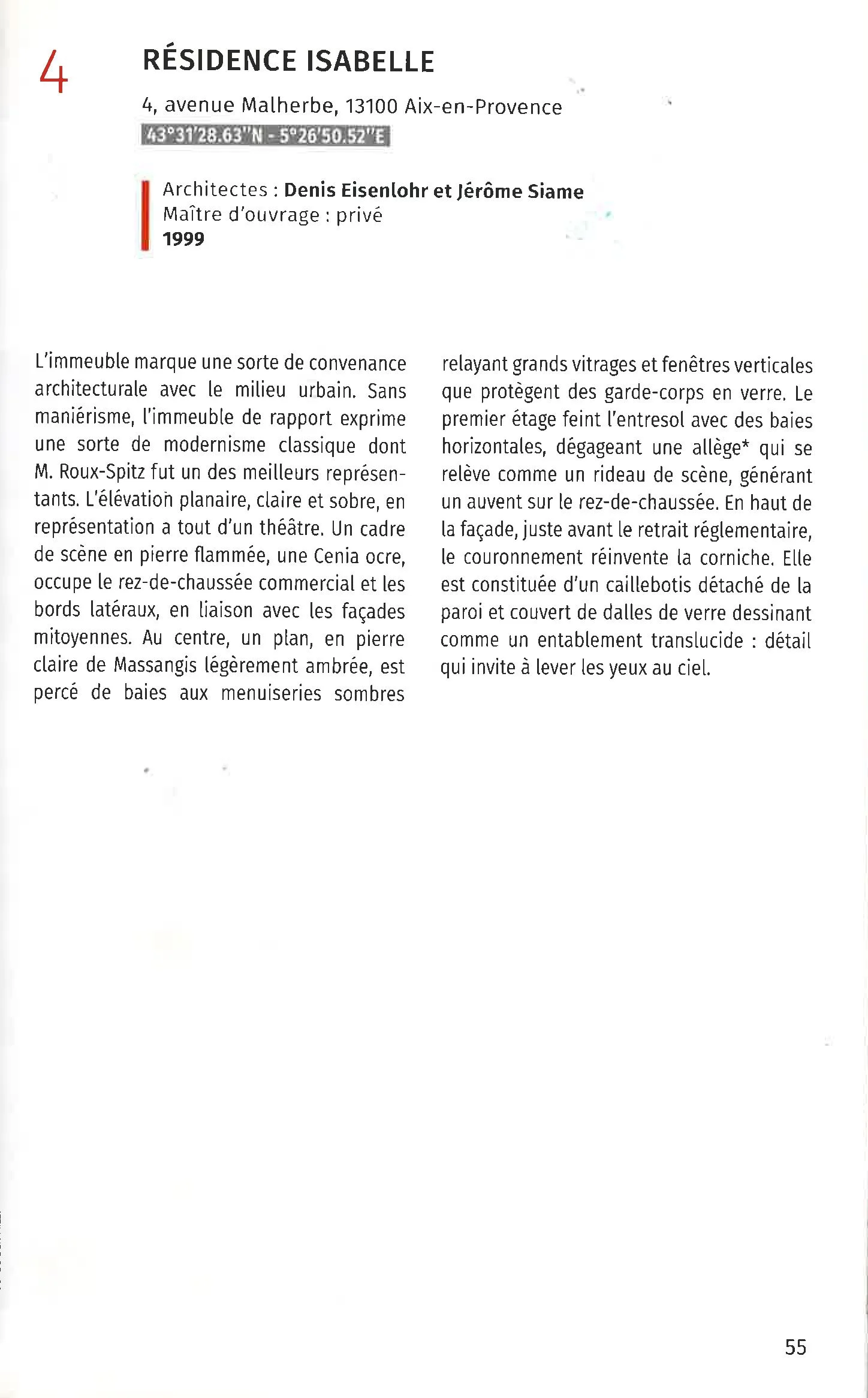 Page de document décrivant la résidence Isabella à Aix-en-Provence avec détails architecturaux et crédits