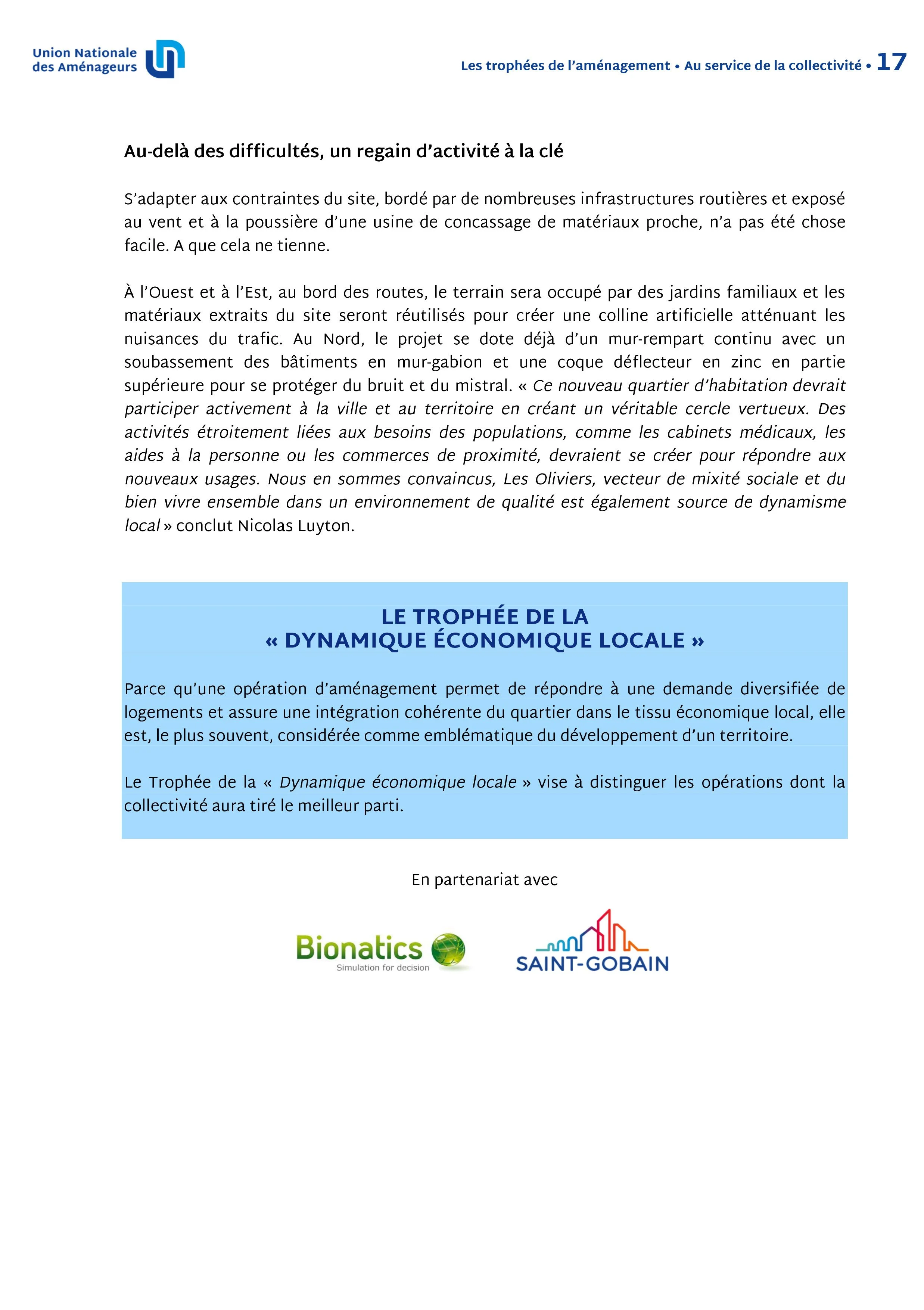 Page de document avec logos de la Union Nationale des Aménageurs, Bionatics et Saint-Gobain, titre 'Les trophées de l'aménagement', texte en français sur la récompense 'Dynamique Économique Locale'.