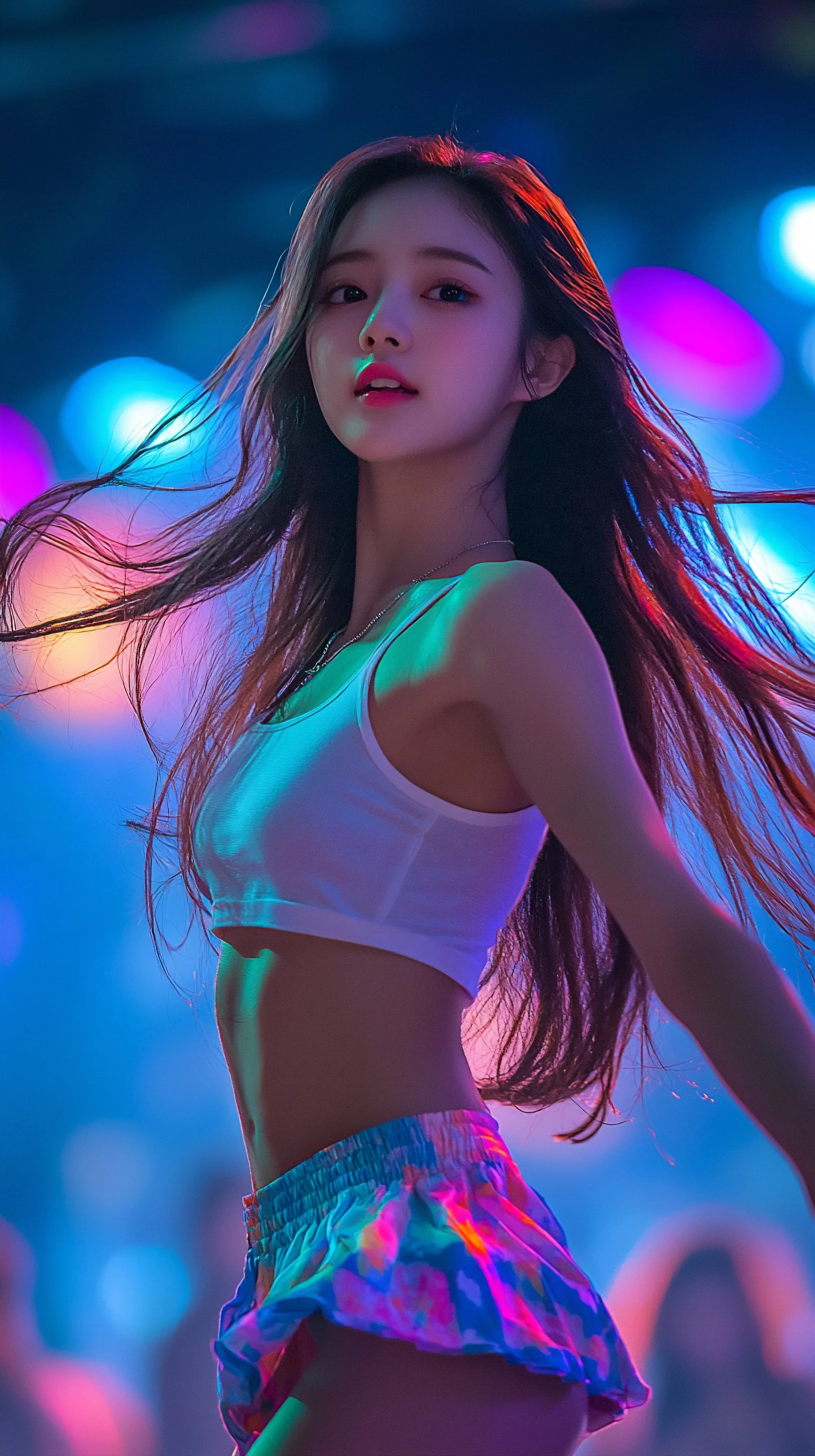 ネオンライトの背景の女性ダンサー