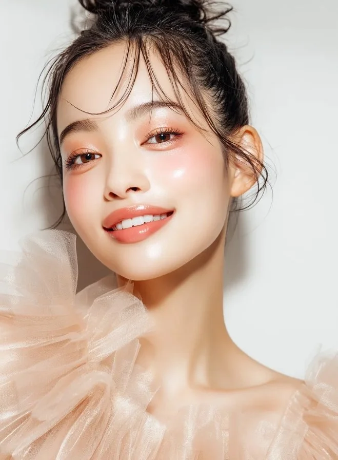 笑顔の若い女性のポートレート。肩には薄いピンクのフェザーのような素材をまとい、ナチュラルなメイクとアップスタイル。