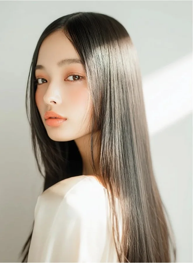 長い黒髪の女性のポートレート、白い服を着ている