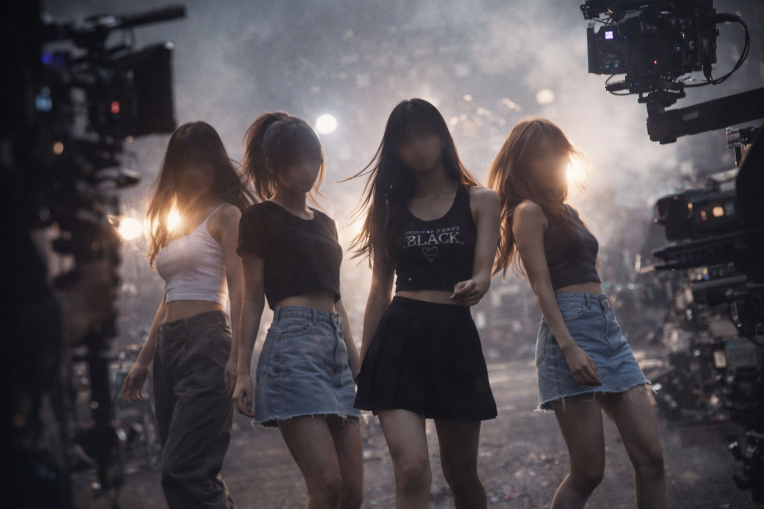 四人の若い女性がダンスをしている撮影現場の写真。背景は煙と明るいライトで照らされている。