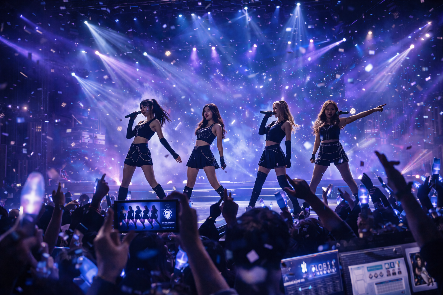 ステージ上でダンスと歌を披露する4人の女性アイドルグループ、紫と青のライトと紙吹雪の演出が特徴的なライブコンサートのシーン