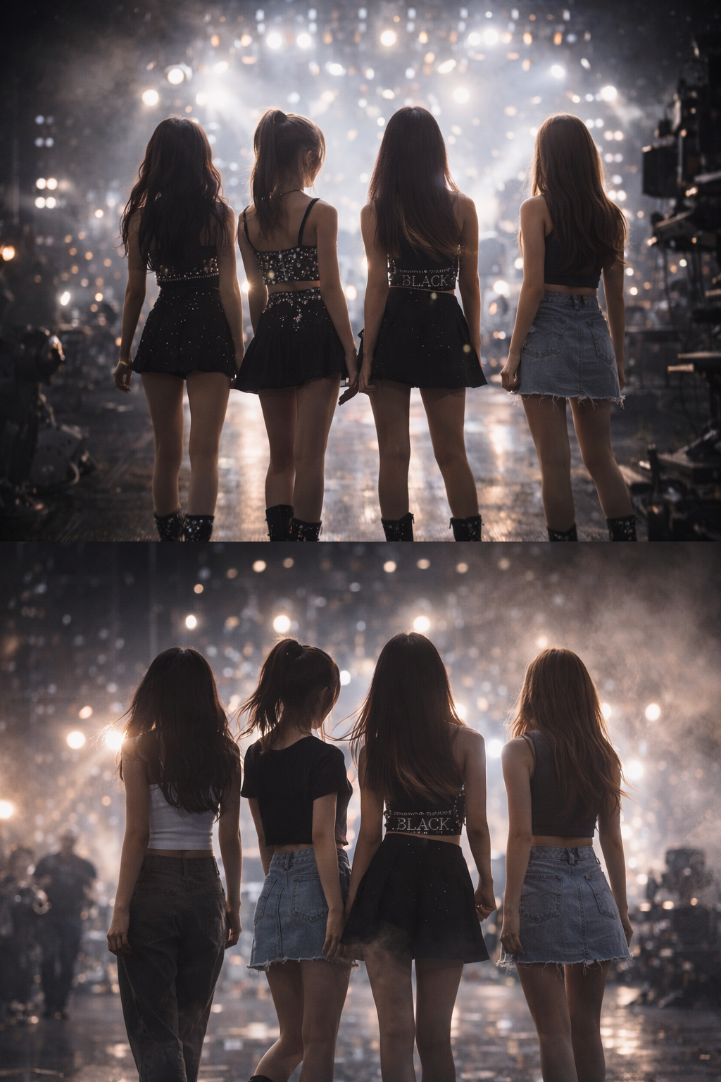 ステージに立つ4人の若い女性グループ、後ろ姿。照明と効果音に包まれた舞台背景。