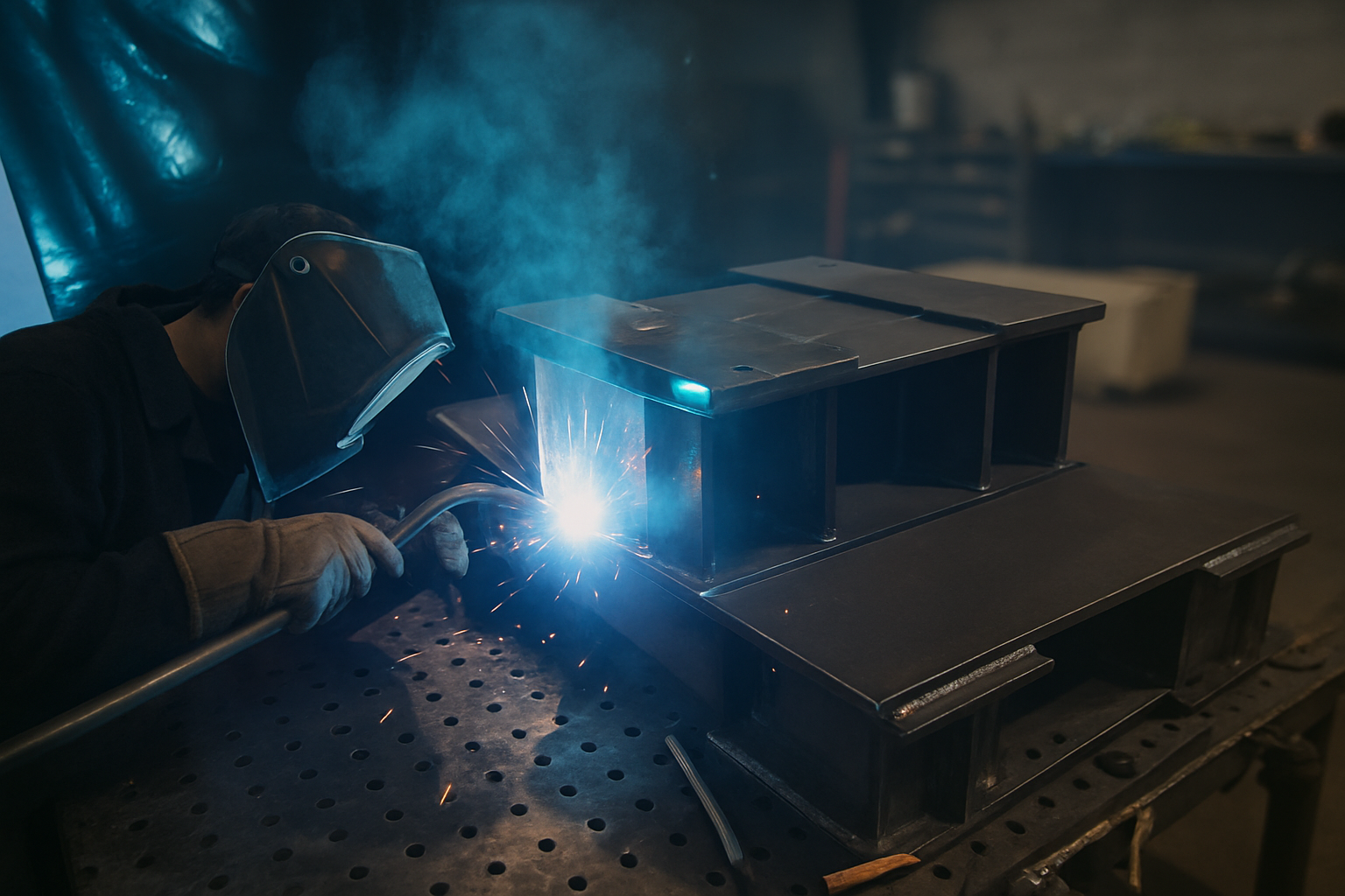 A person welding a metal structure in a workshop, wearing a welding helmet and gloves, sparks flying from the welding process.