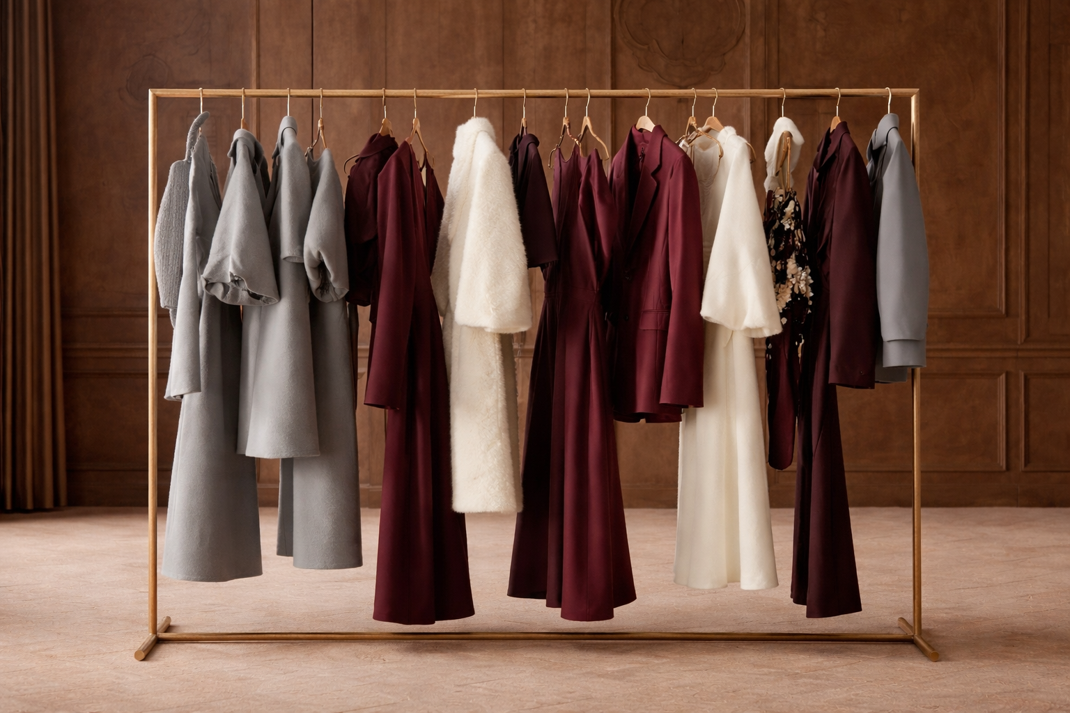 Clothing rack with various jackets, coats, and dresses in shades of gray, maroon, white, and black against a wood-paneled wall.