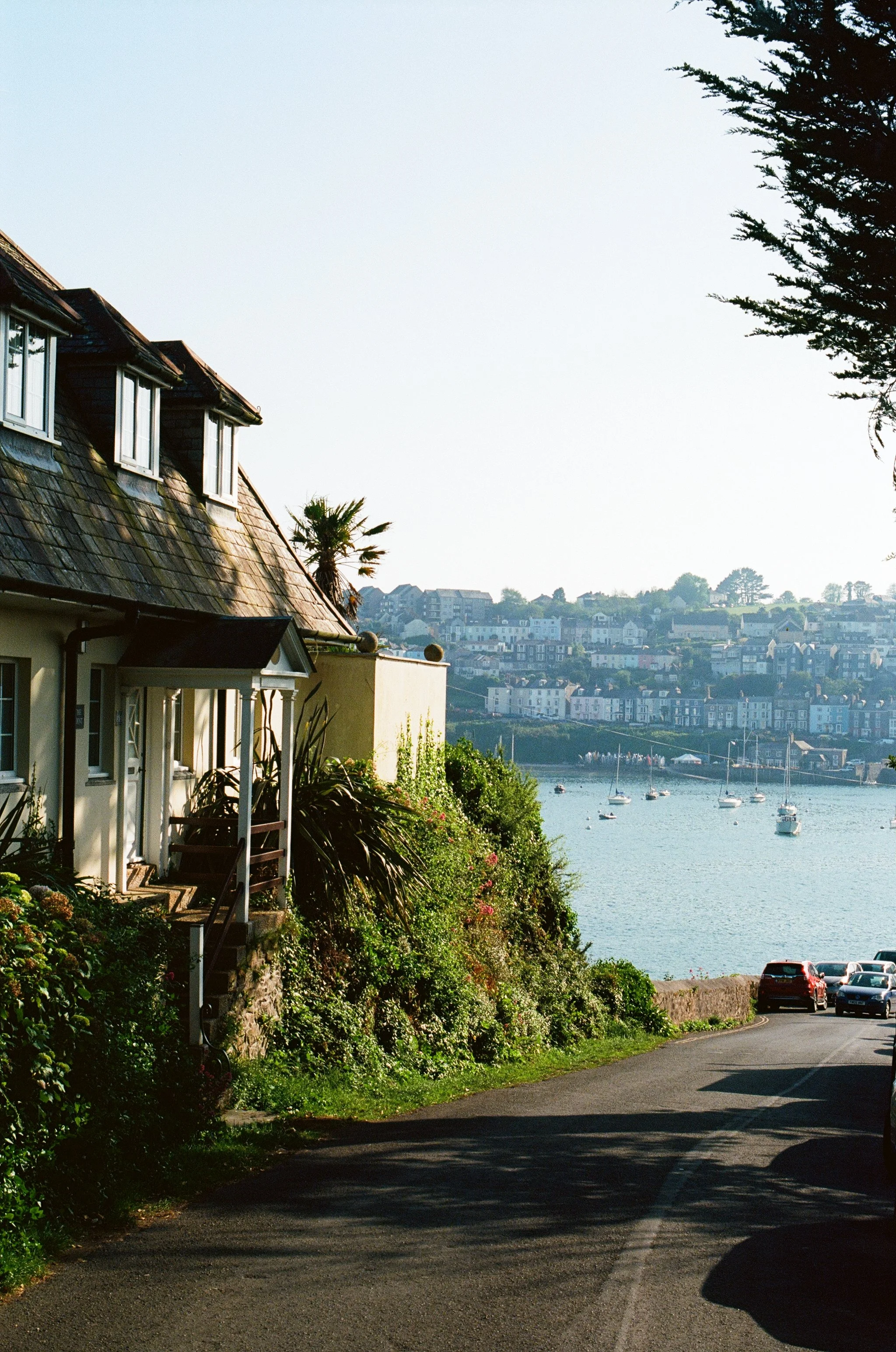 A residential street near water with parked cars and houses on a hill in the background, the sun casting shadows on the road.