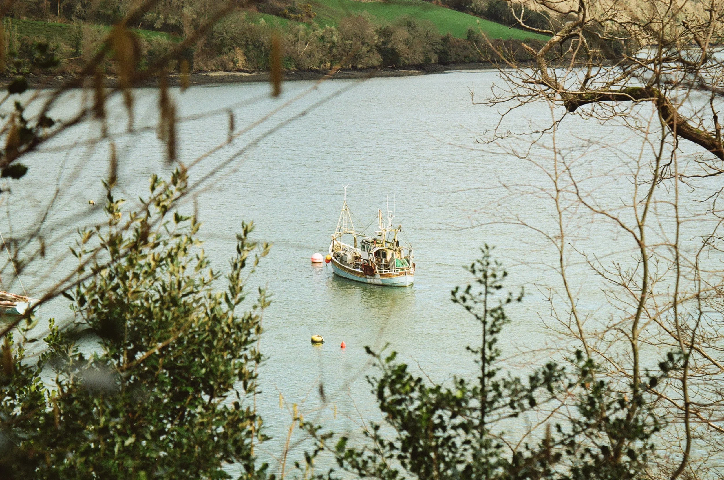 A boat floating on a river, surrounded by trees and foliage, with hills in the background.