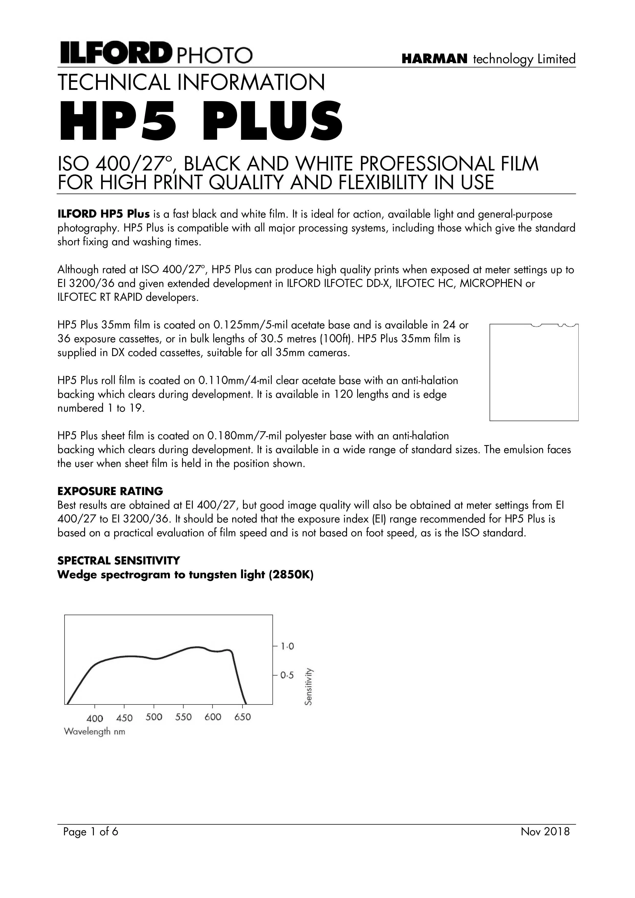 Technical data sheet for Ilford HP5 Plus black and white film, including film specifications, exposure ratings, spectral sensitivity, and a graph of the wedge spectrogram to tungsten light.