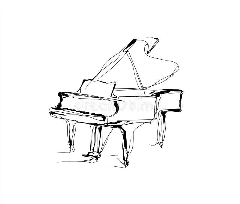 A sketch of a grand piano with an open lid, black and white, minimalist art style.