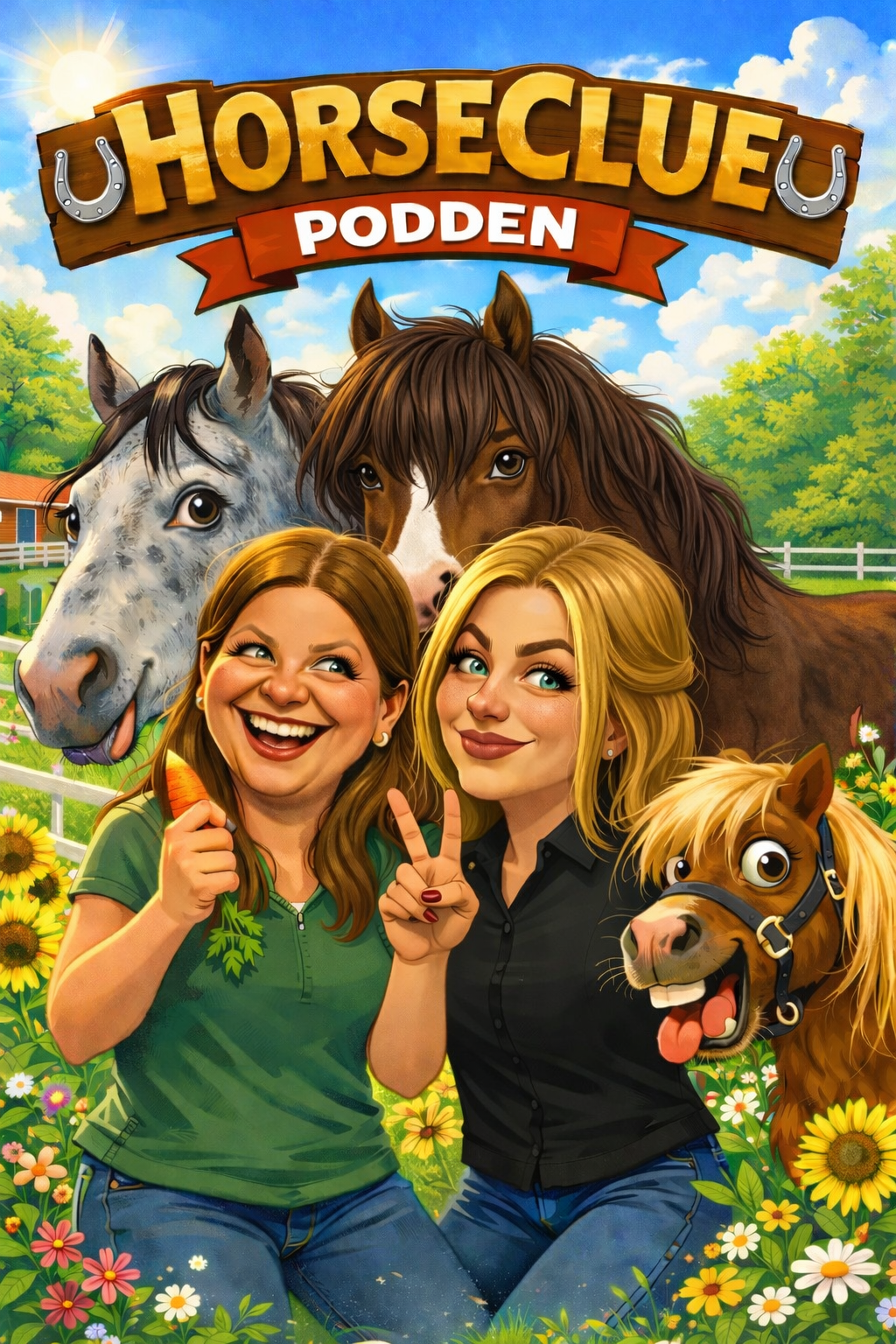 Illustrasjon av to jenter med hester og blomster, med tre hester og en solrik bakgrunn.