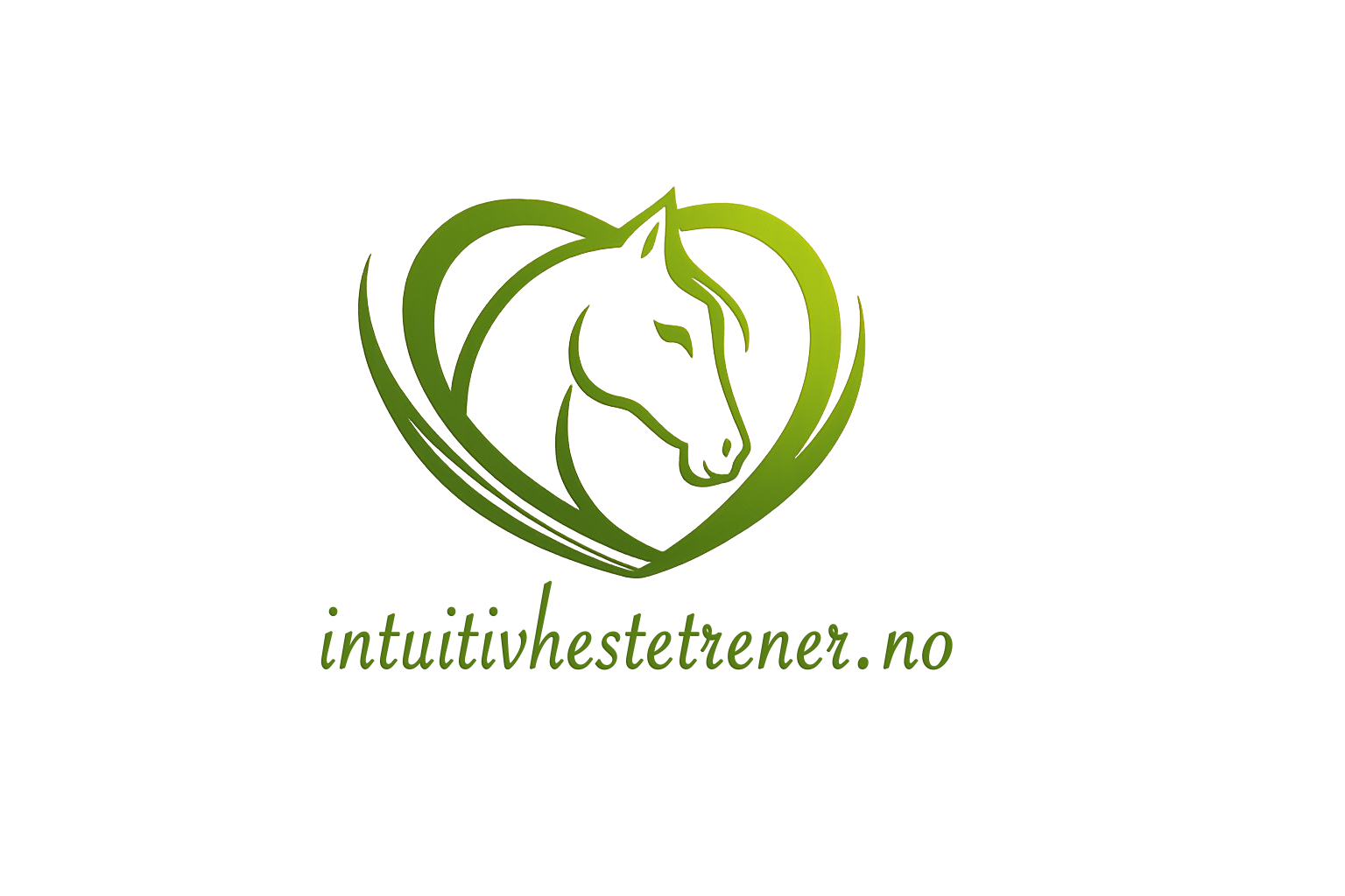 Grønn logo av et hjerte som omfavner en hest, med tekst under: "intuitivhesterener.no".