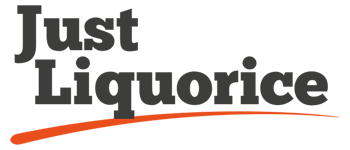 Logo with the text 'Just Liquorice' in bold black font with an orange curved line underneath