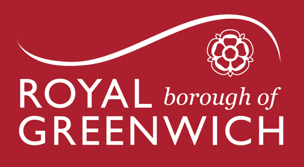 Logo of the Royal Borough of Greenwich with white text on a red background and a decorative flower icon.