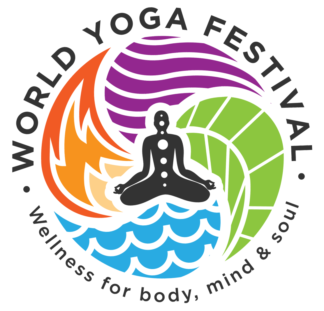 Logo for World Yoga Festival featuring a meditating figure surrounded by symbols representing fire, air, water, and earth, with the text 'World Yoga Festival: Wellness for body, mind & soul'.
