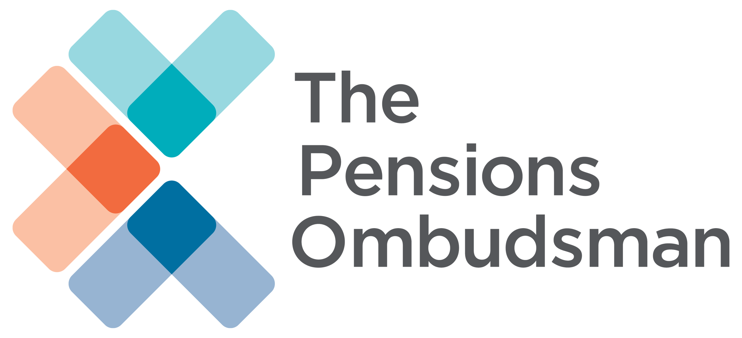 Logo of The Pensions Ombudsman featuring a geometric design with overlapping squares in shades of blue, orange, and light pink, and the text 'The Pensions Ombudsman' in black.