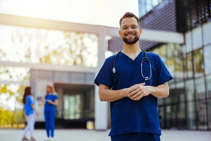 A male healthcare professional in blue scrubs with a stethoscope around his neck, smiling outdoors in front of a modern hospital building, with two other healthcare workers blurred in the background.